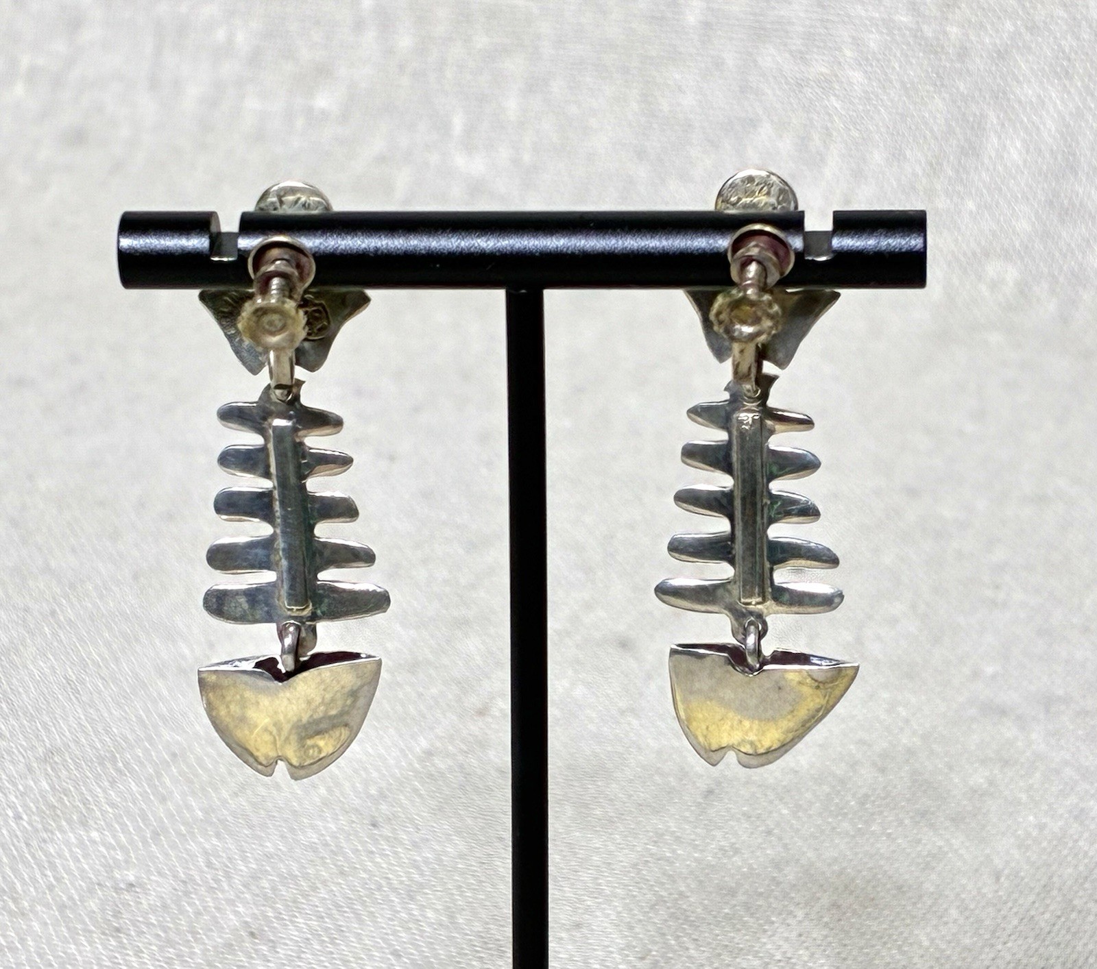 Taxco Silver Fish Dangle Earrings signed IP with Eagle Modernist Screw Back
