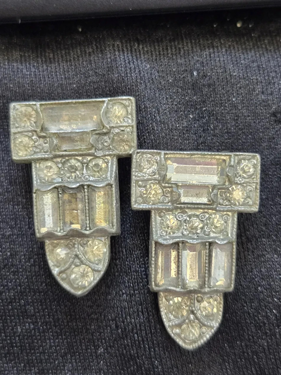 1930s Art Deco Dress Clips Pair Silver Tone Rhinestone Baguette