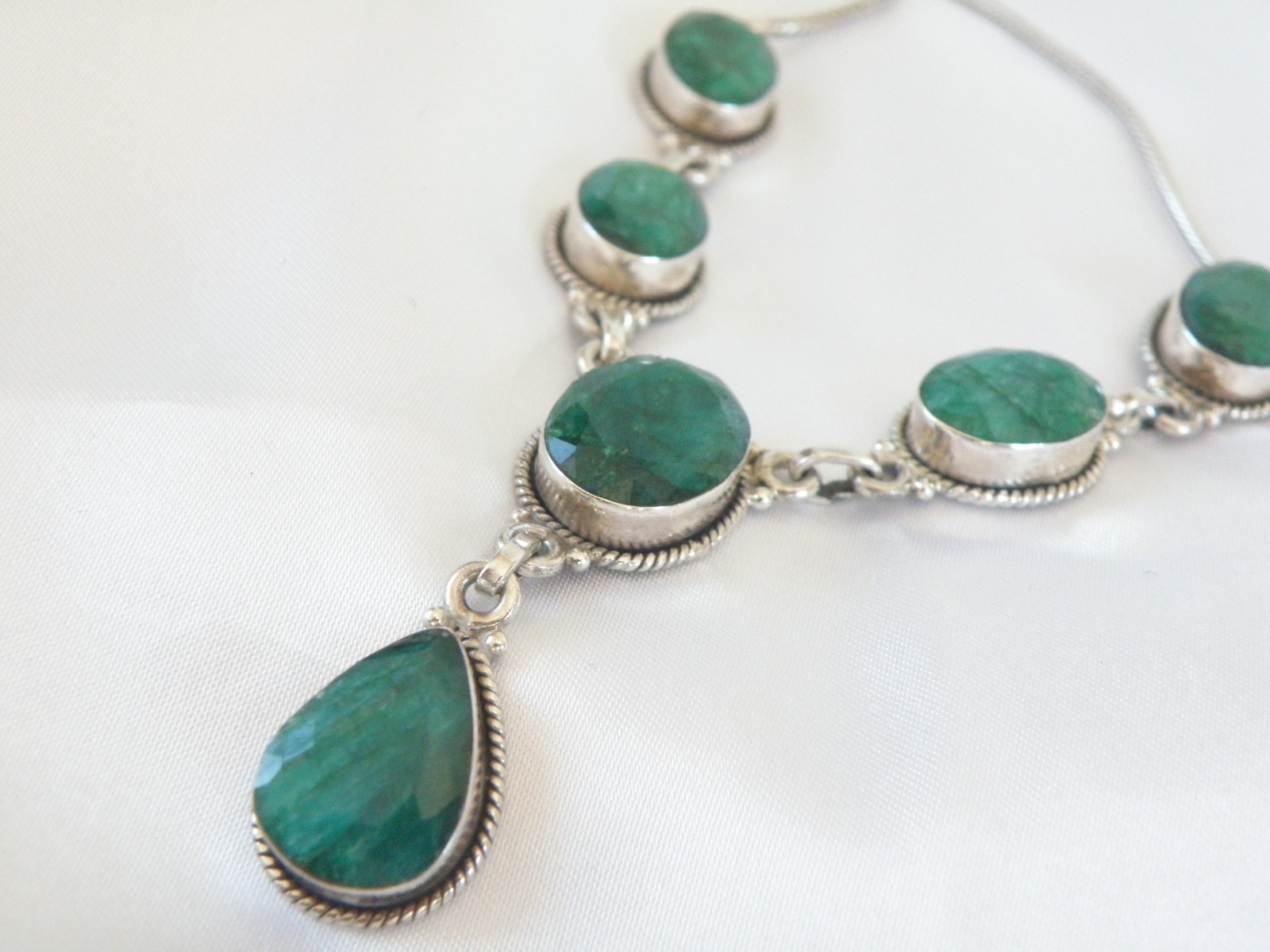 Vintage Sterling Silver 925 Large Natural Raw Emerald Statement Necklace 19″