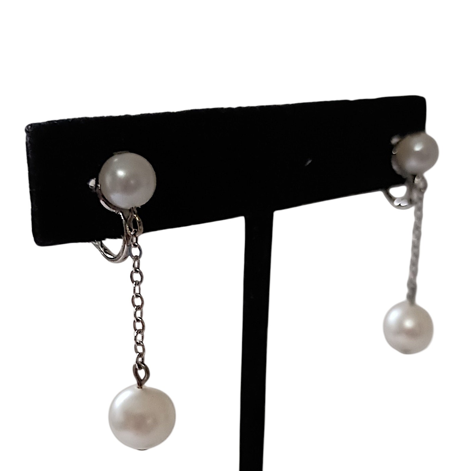 Vintage Faux Pearl Chain Dangle Earrings Dainty Delicate Silver Tone Elegant