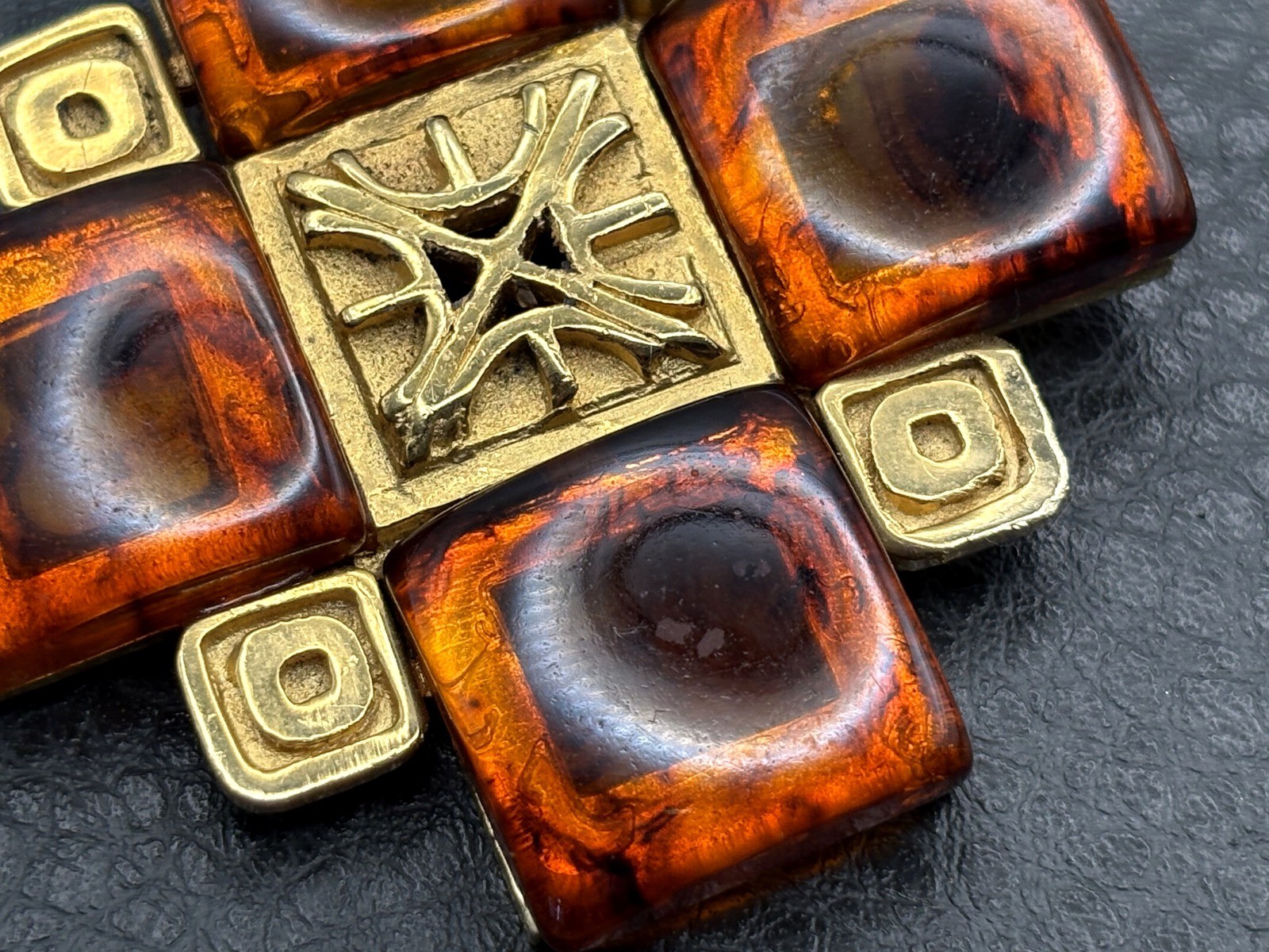 Vintage HUGE 80s Gold Tone Faux Amber Maltese Cross Brooch Pin Statement Piece