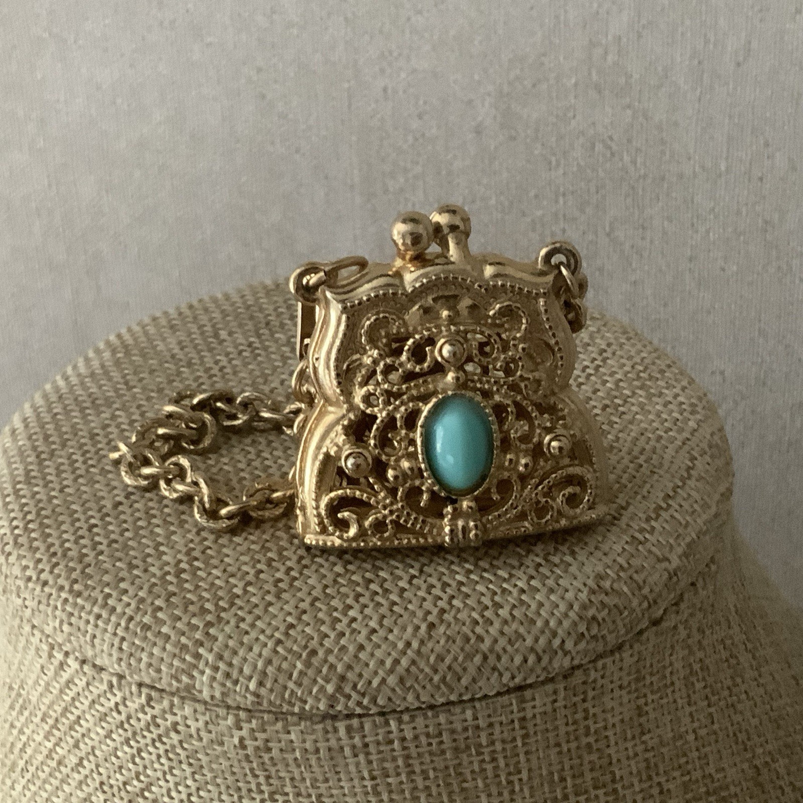 Vintage Small filigree Metal Purse charm with blue accent bracelet in gold tone
