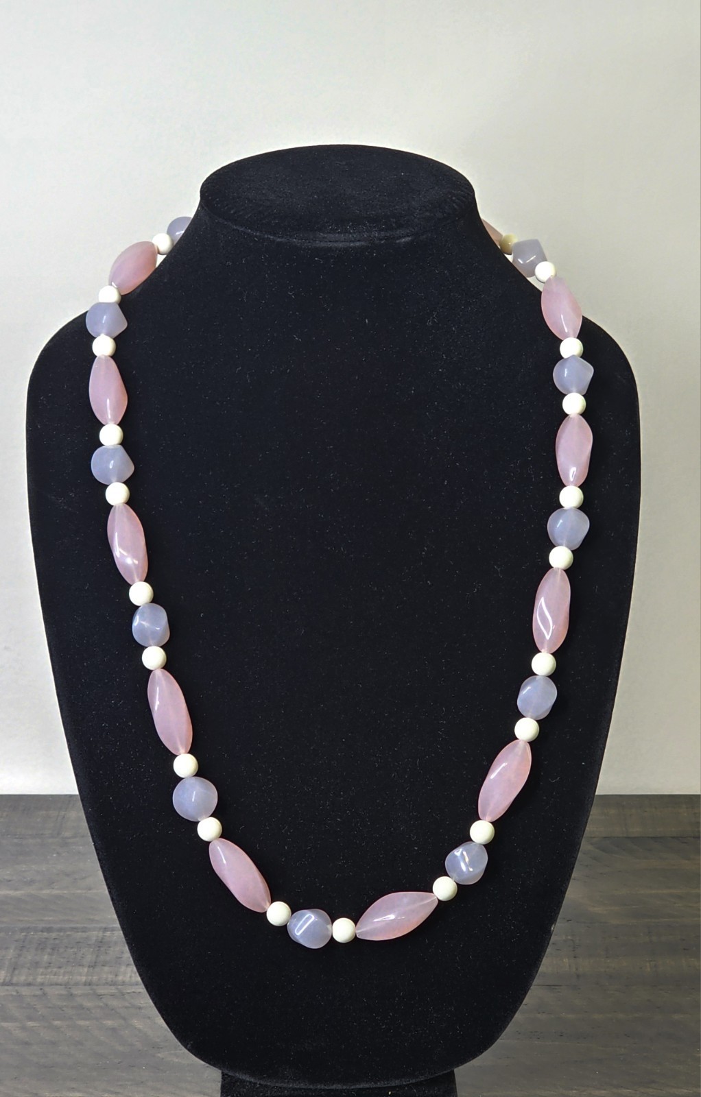 Vintage Glass Beaded Necklace Pink Purple White 27 Inches Retro Costume Jewelry