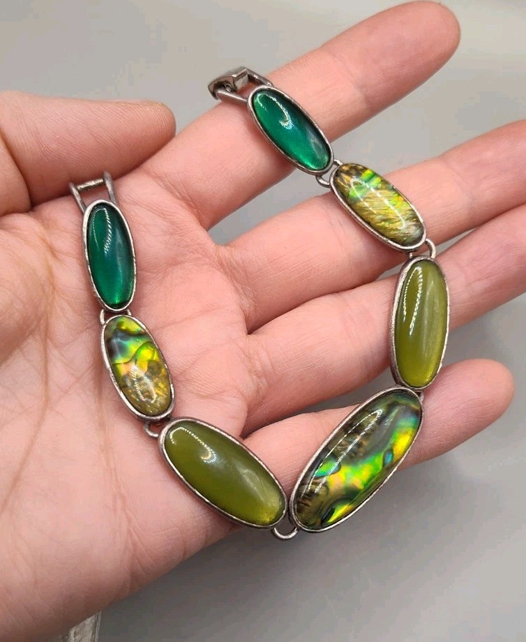 Vintage Silver Plated Abalone Shell Stone Bracelet 7″