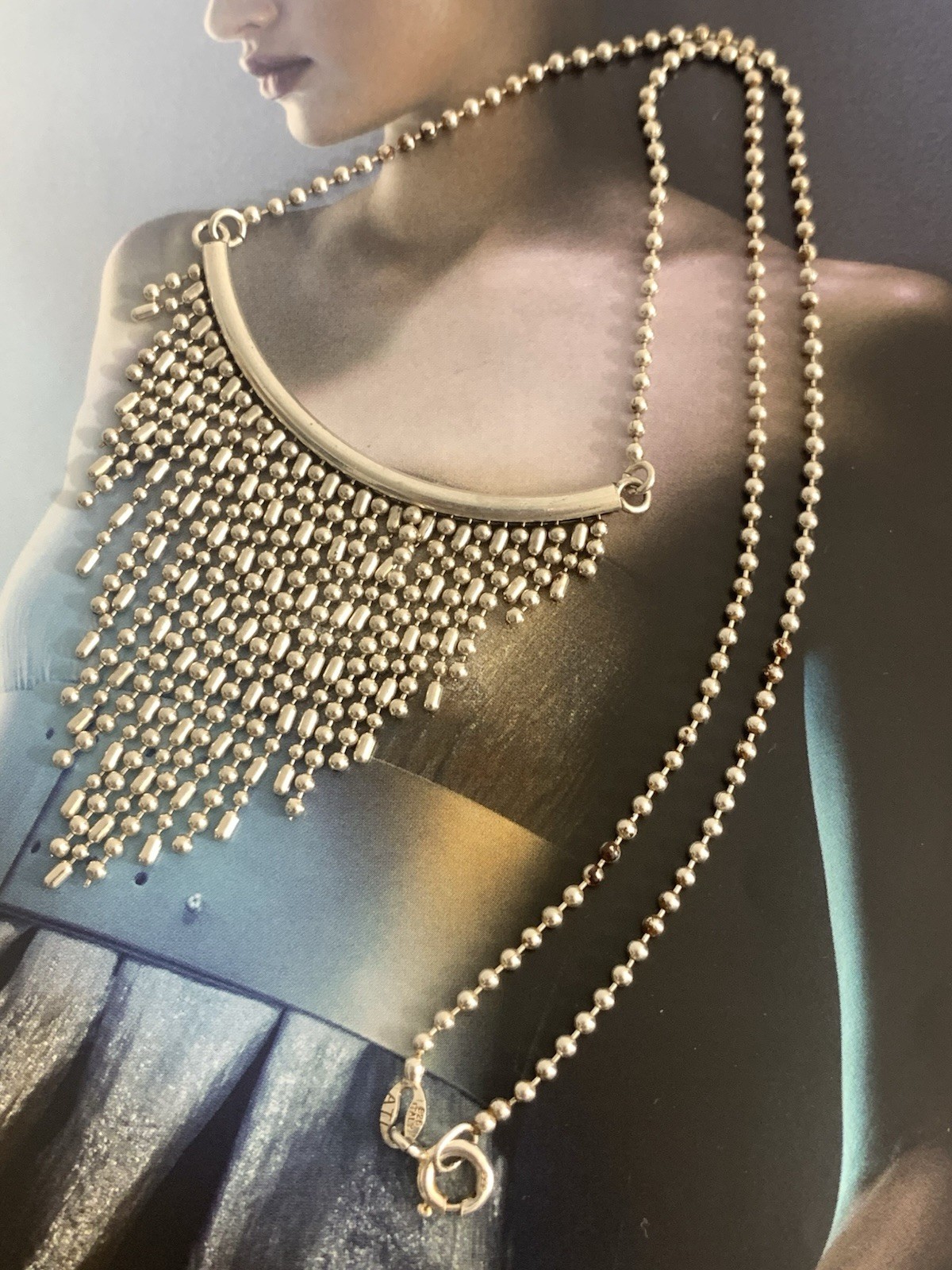 925 Sterling Silv Beaded Chain Cascading Fringe Bib Necklace Signed ATI Italy