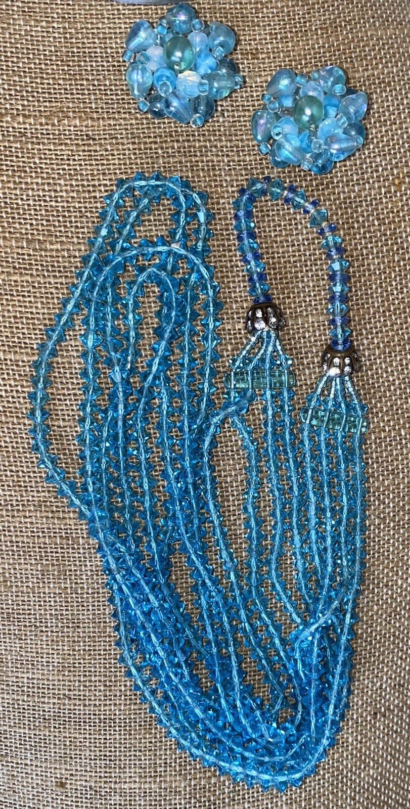 Signed On Earrings, Germany, Iridescent Clip On Earrings, Blue Crystal Necklace