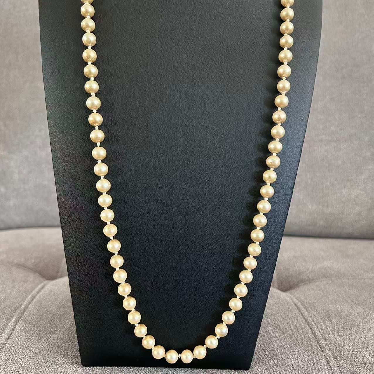 Vintage Champagne Faux Pearl Necklace Gold Tone Filigree Clasp Knotted 30″