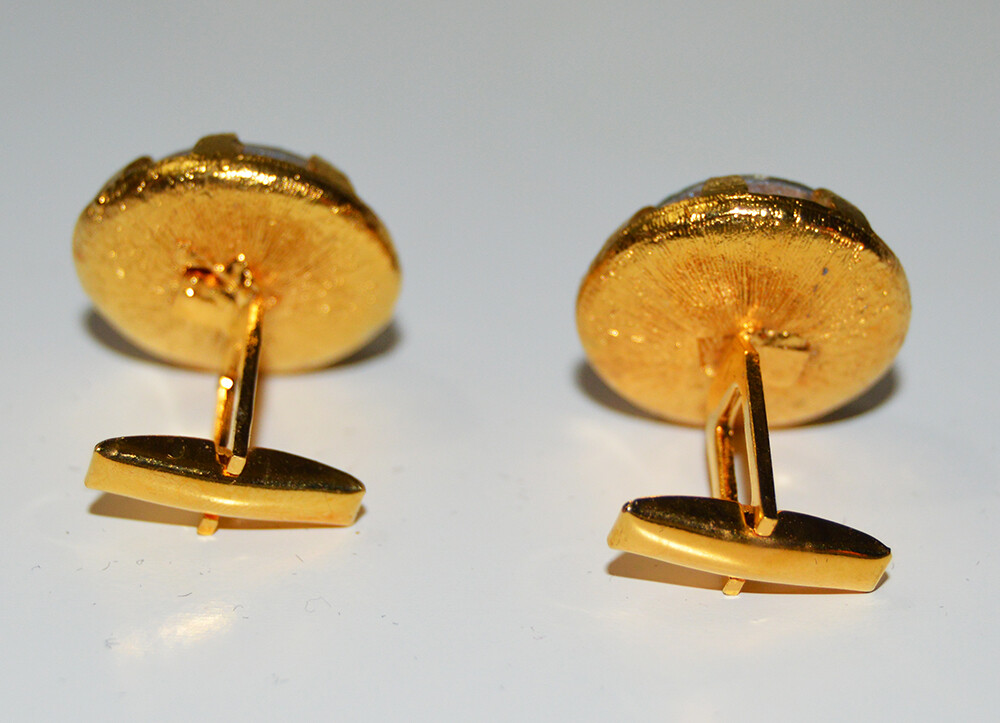 VTG MCM STACY Gold Tone Iridescent Rainbow Rhinestone Cuff Links / Tie Clip Set
