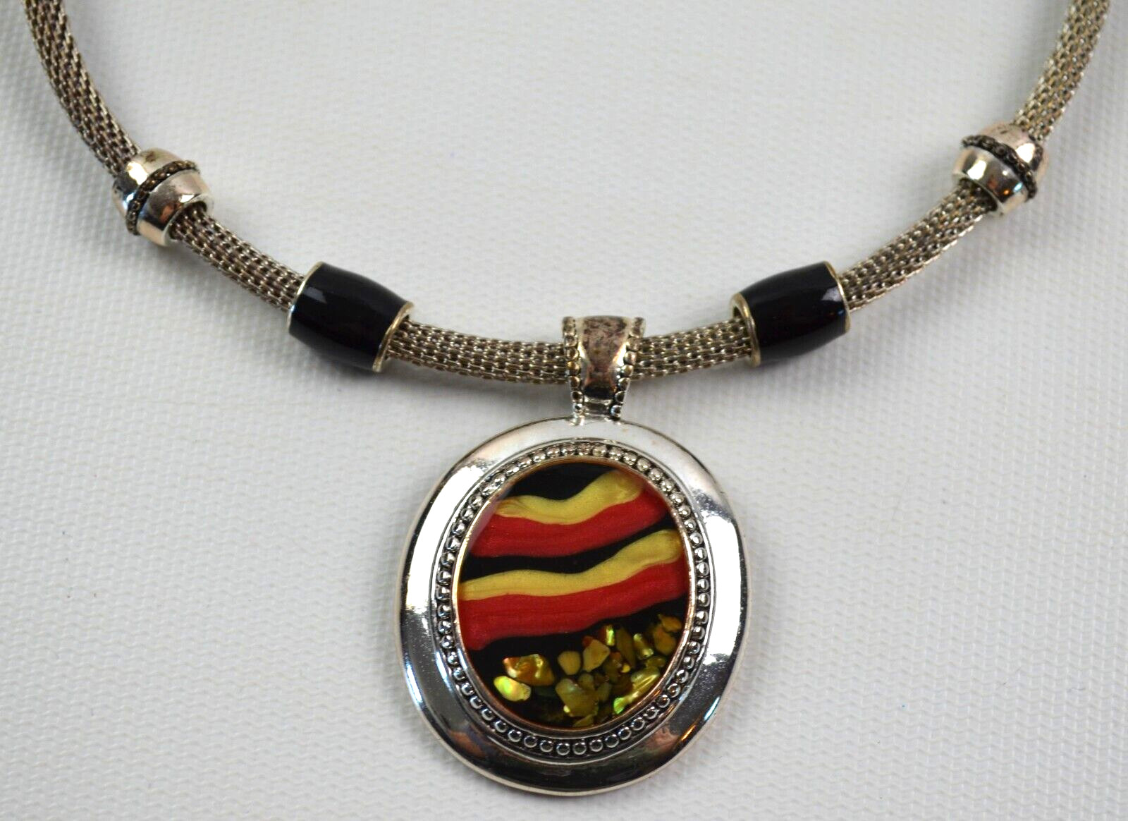 Vintage Silver Tone Snake Choker w/ Round Pendant Sunset Pattern 16″