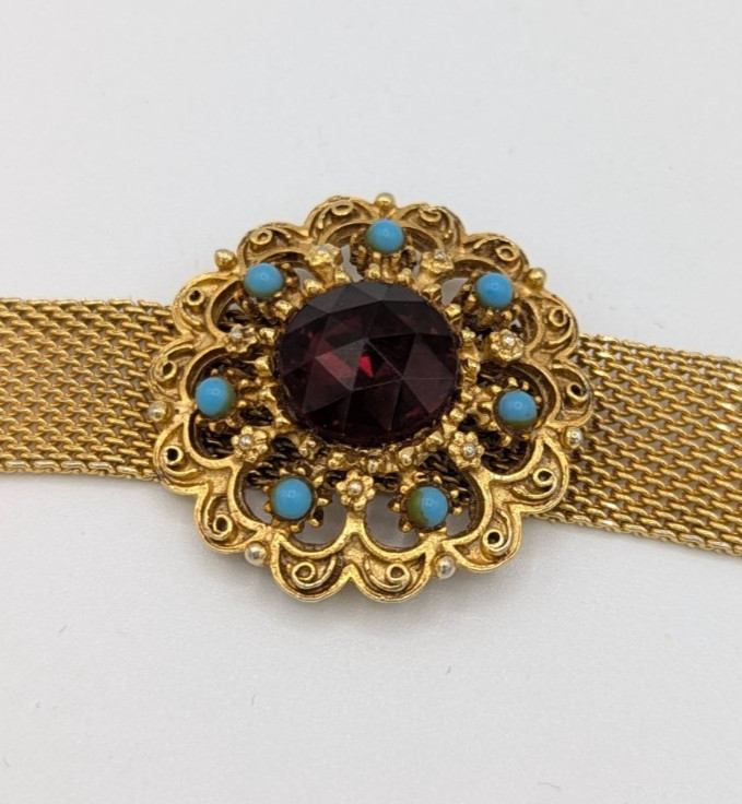 Vintage FLORENZA Mesh Choker Necklace Gold Tone Red turquoise Victorian Revival