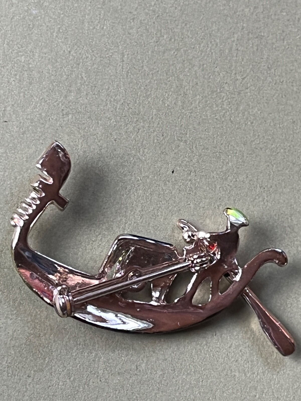 Vintage LIme Green Black & Red Enamel Asian Fishing Boat Figural w Clear Rhinest