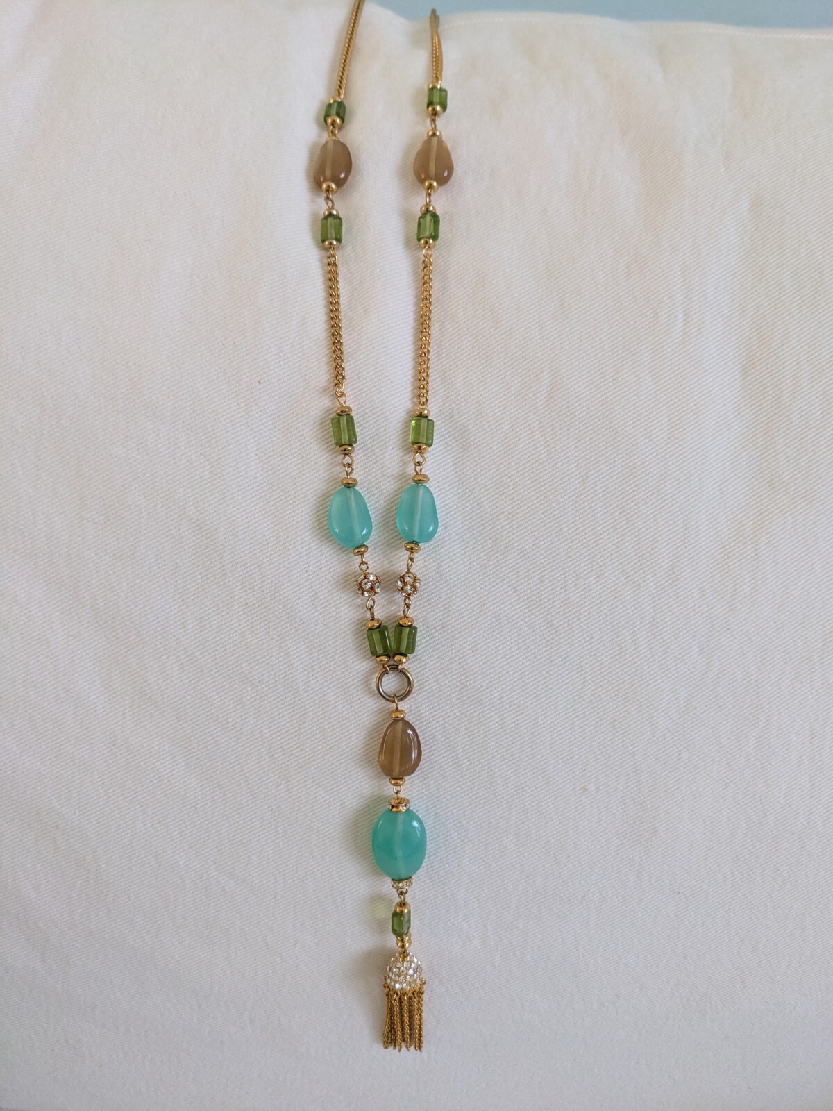 Kenneth Jay Lane Signed KJL Lucite Rhinestone Gold Tone Y-Necklace with Tassel