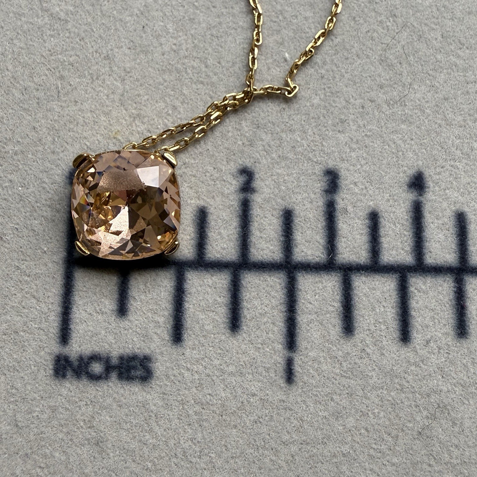 Gold Tone Blush Champagne Cushion Cut Crystal Pendant Necklace Modernist Sparkle