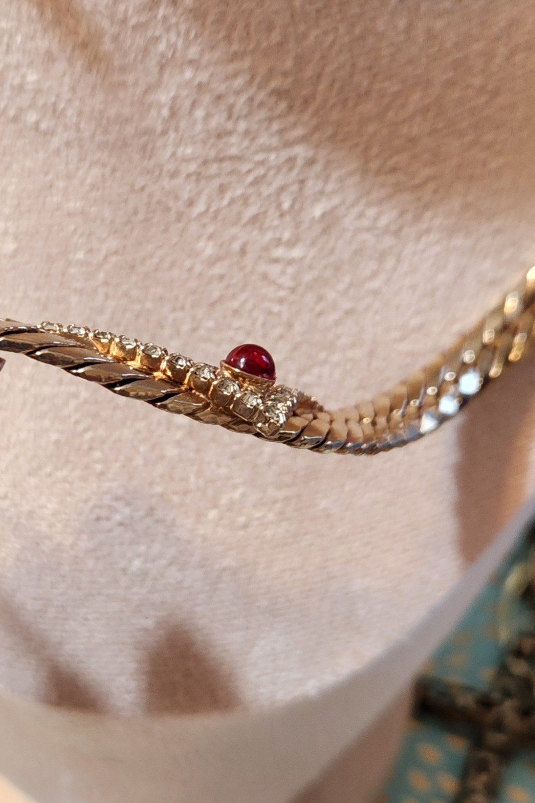 Flat Gold-toned Necklace V Shape Rhinestones Station Pendant & A Red Dot Glass