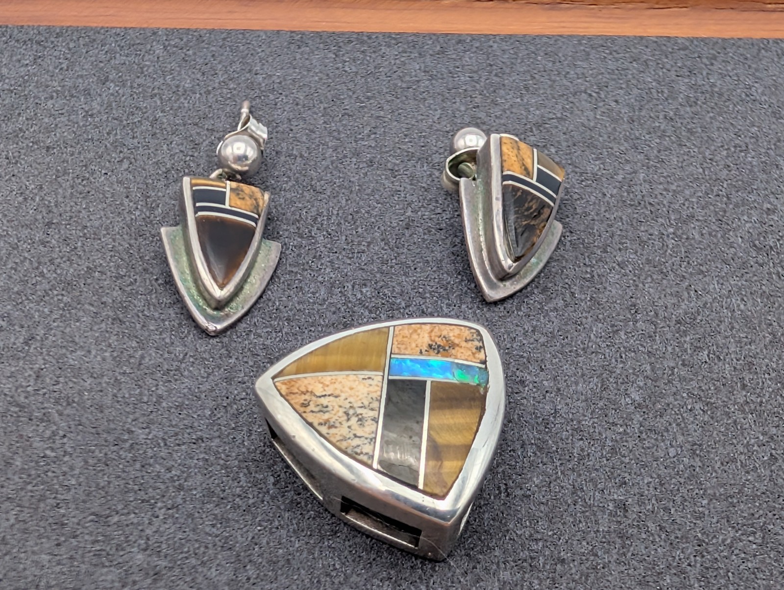 Native American Sterling Silver Inlay Earrings + Pendant Set Tiger Eye Opal Zuni