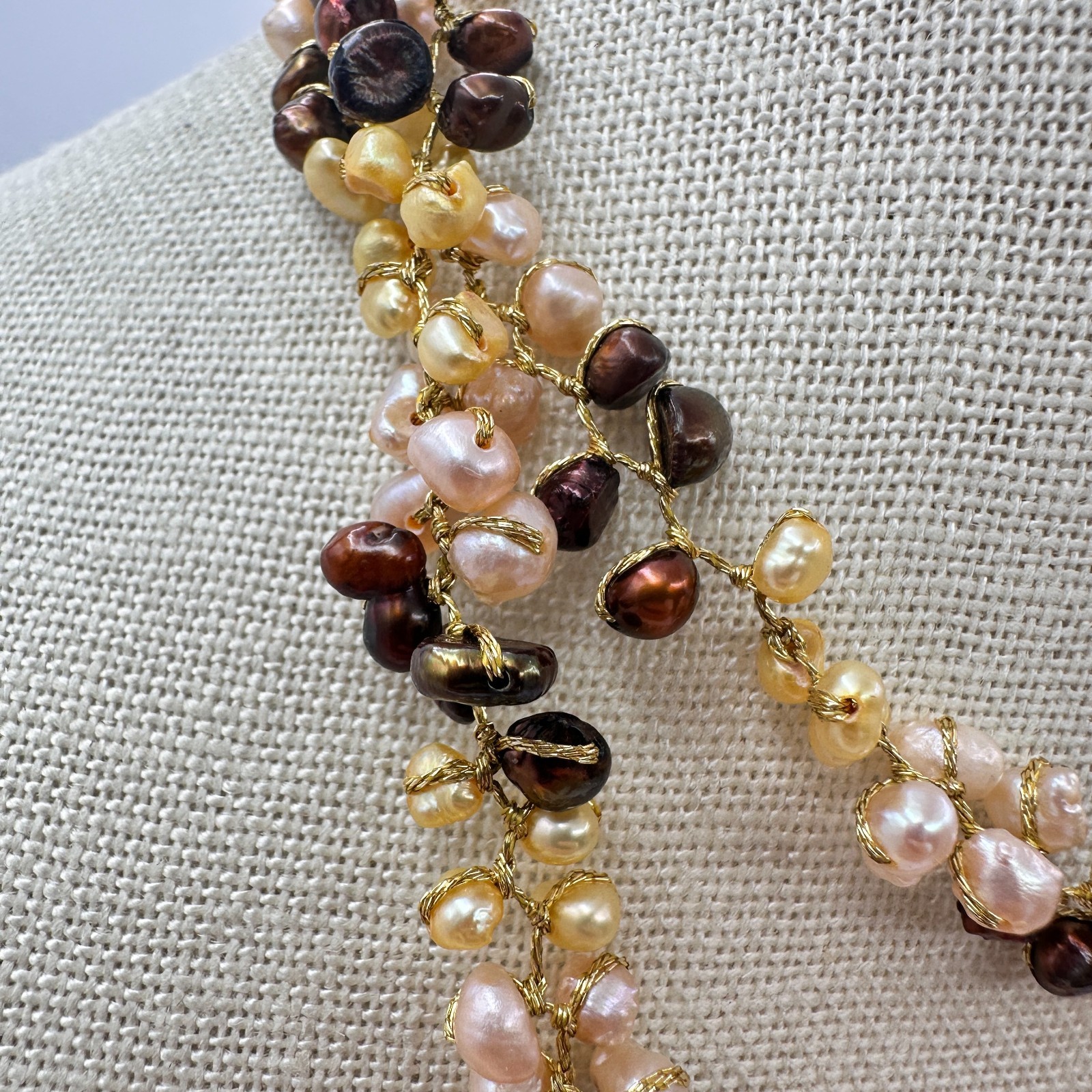Vintage 90s Multi strand Wire Wrap Pearl Necklace Gold Tone Women’s Jewelry Boho