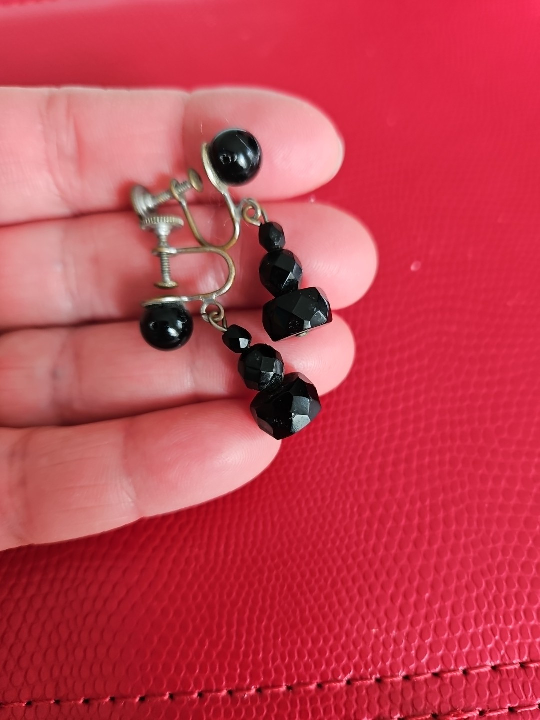Victorian Antique Jet Polished Faceted Balls Dangling Screw Earrings
