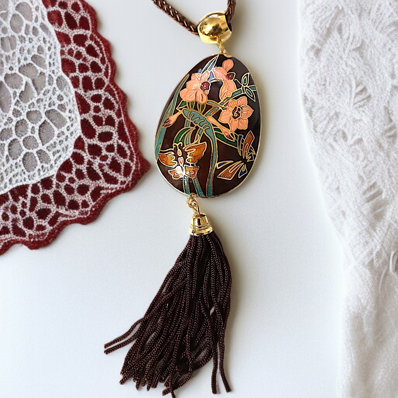 Vtg Butterfly Cloisonne Necklace 70s Pendant Tassel Woven Cord Brown Dual Sided