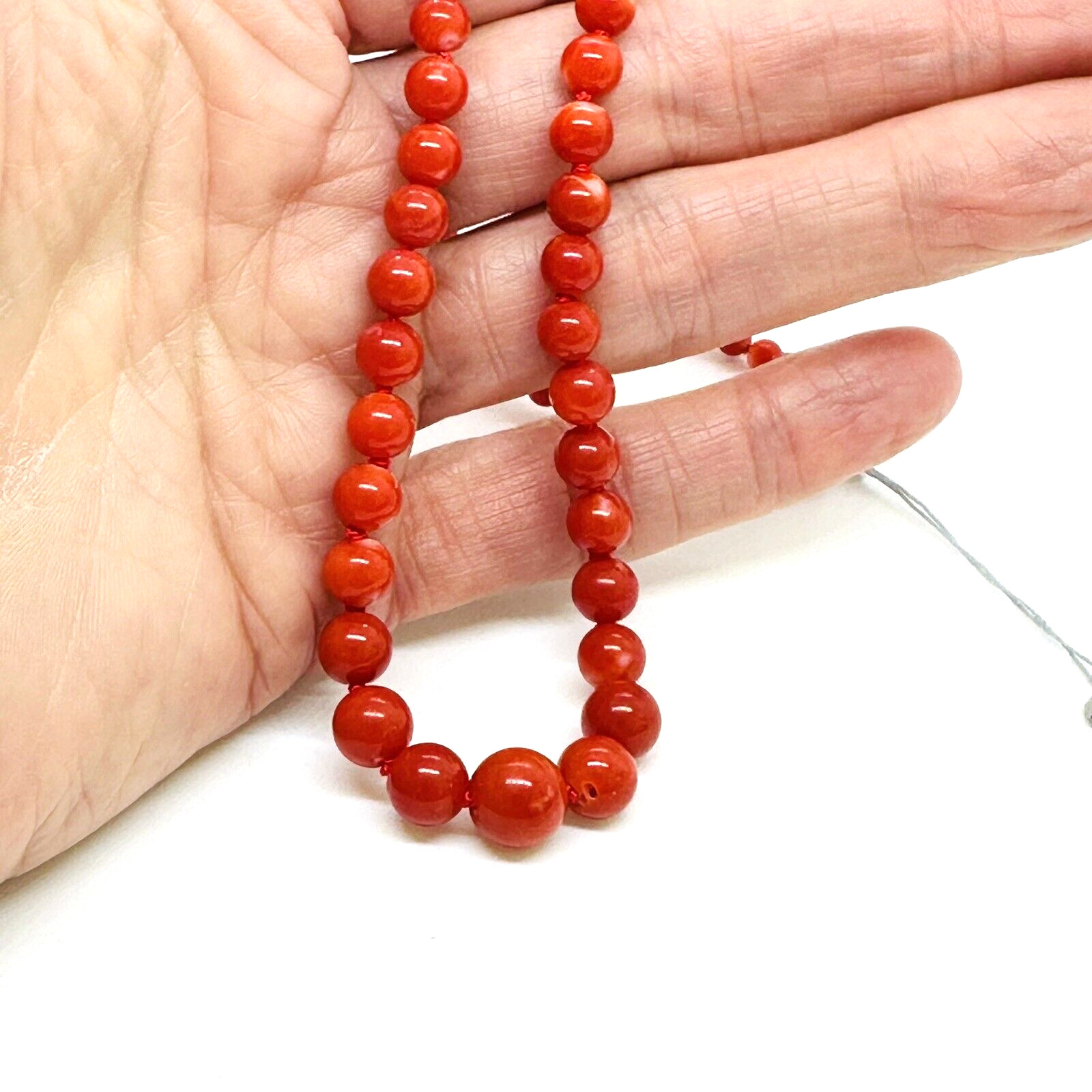 Natural Red Coral 9 mm x 4 mm Strand 18k Yellow Gold Necklace 17.5″