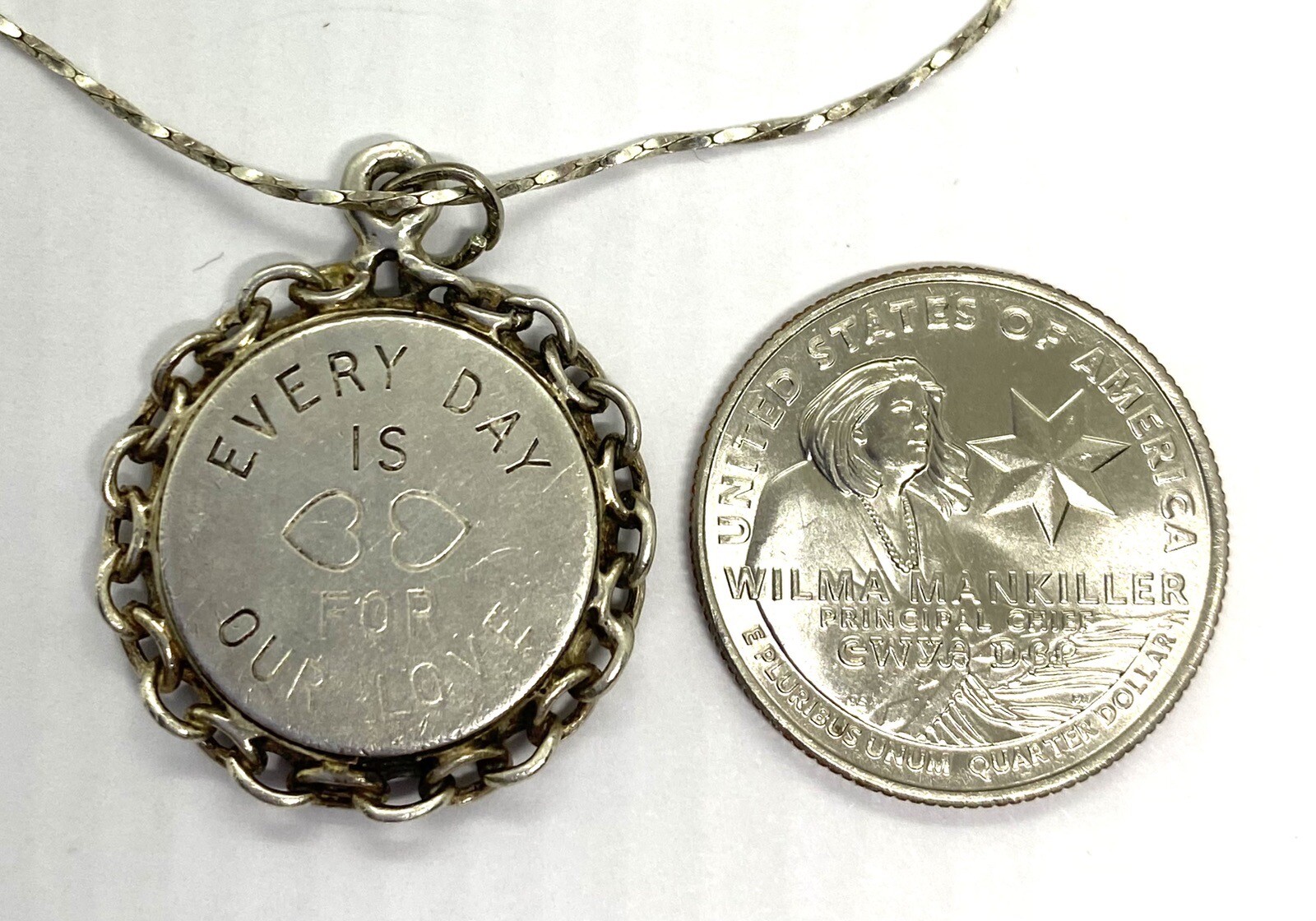 VTG Sterling Silver Every Day Is For Our Love Medallion Pendant Necklace16”7.30g