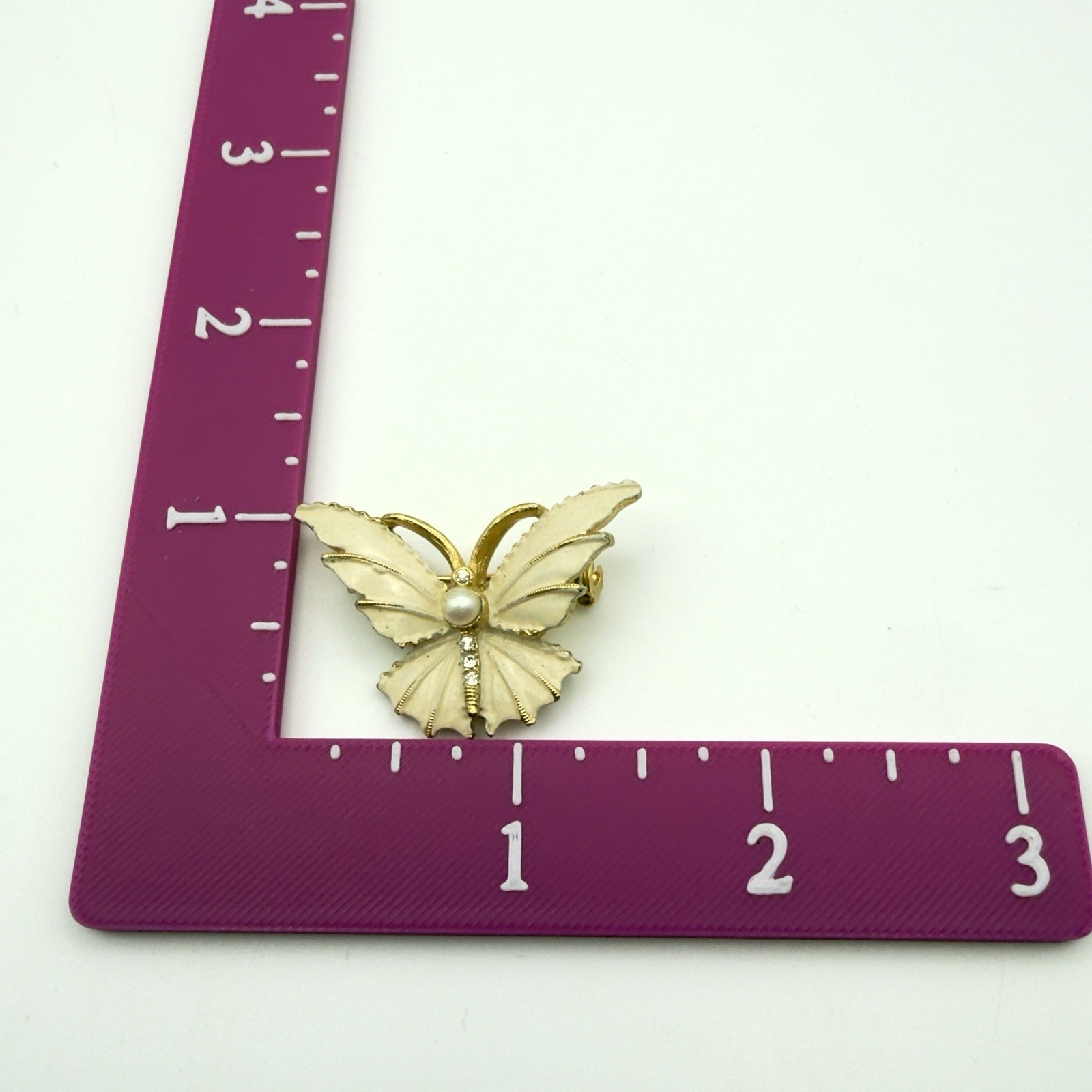 Vintage Butterfly Rhinestone Brooch Cream Enamel Faux Pearl Gold Tone