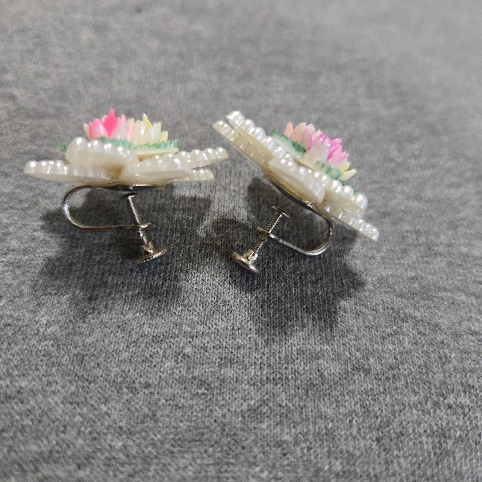 Vintage Screw Back Seed Bead Floral Cluster Earrings MCM Spring Easter Dress Up