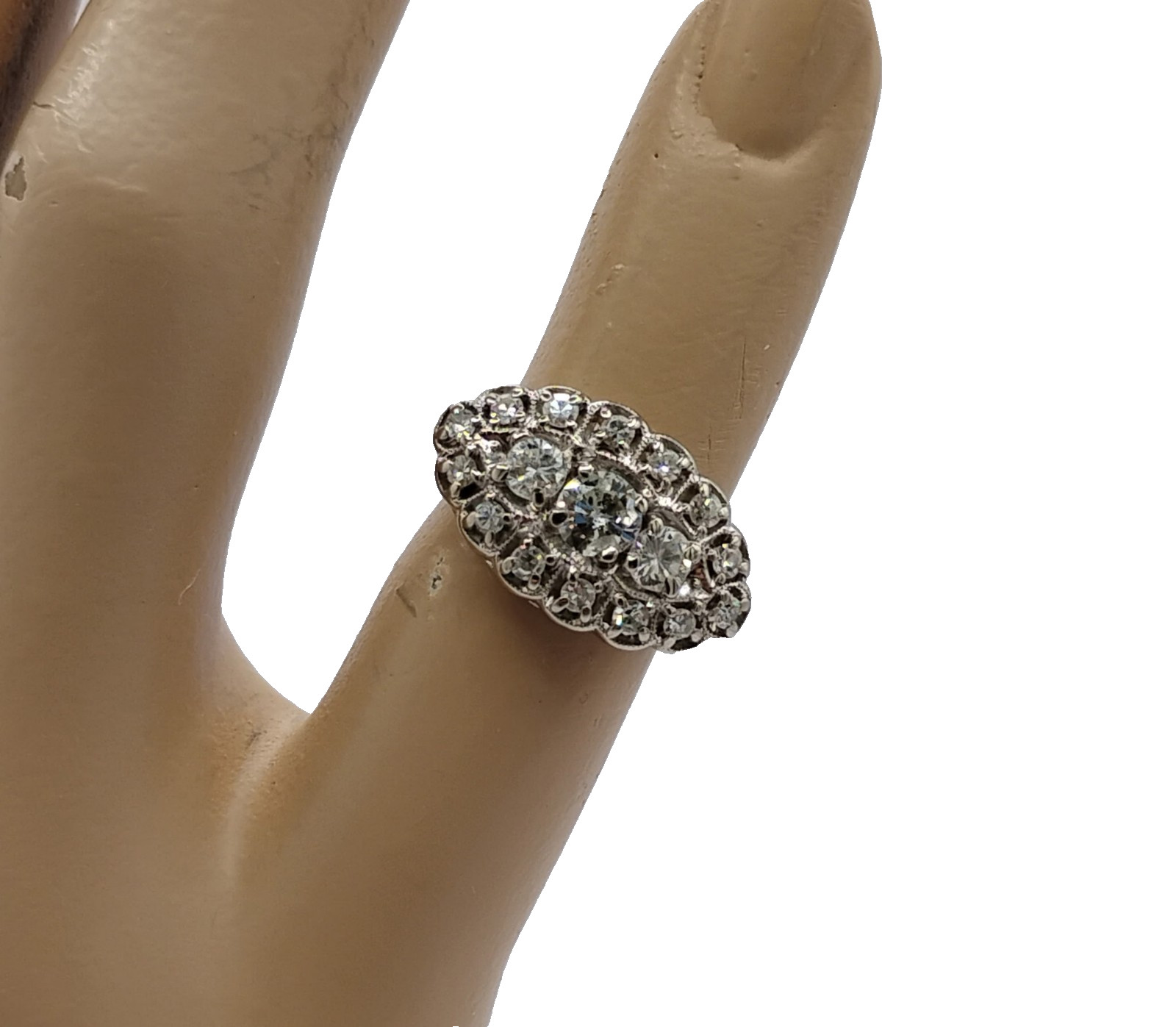 $7,500 1.00ctw ANTIQUE 3-STONE HALO WOMANS 14K WHITE GOLD THREE ROW DIAMOND RING