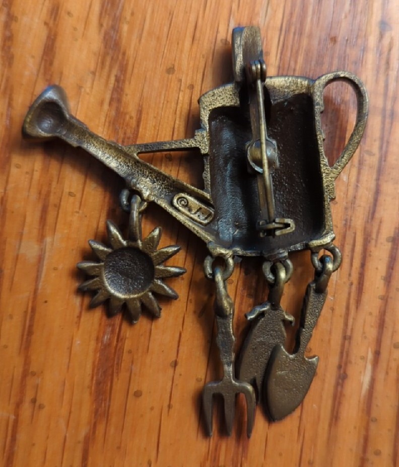 Vintage JJ Watering Can Gardening Gold Bronze Tone Brooch, Pin Sunflower Tools