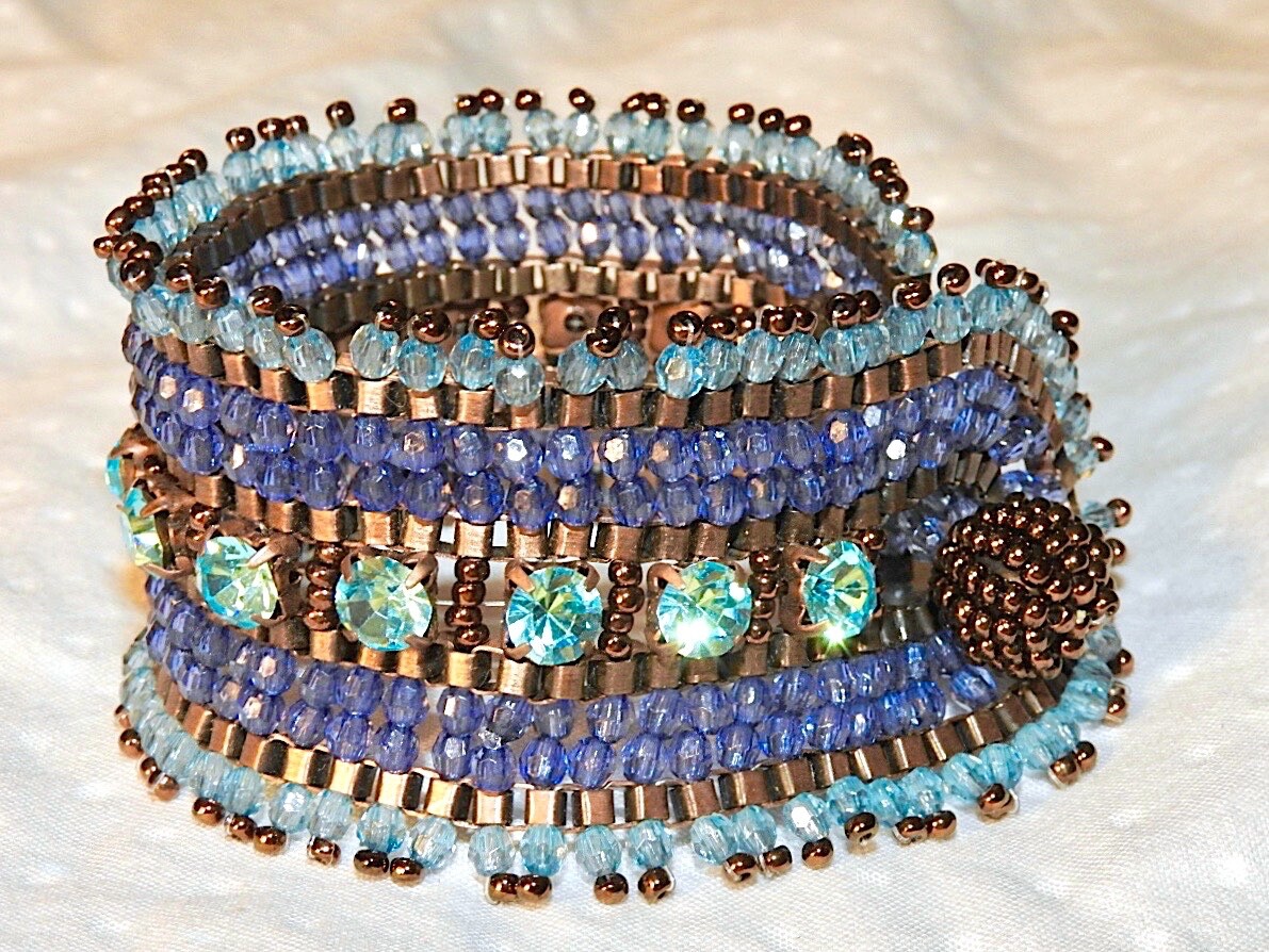 Vintage Beaded Bracelet Blue Purple and Copper Wrap