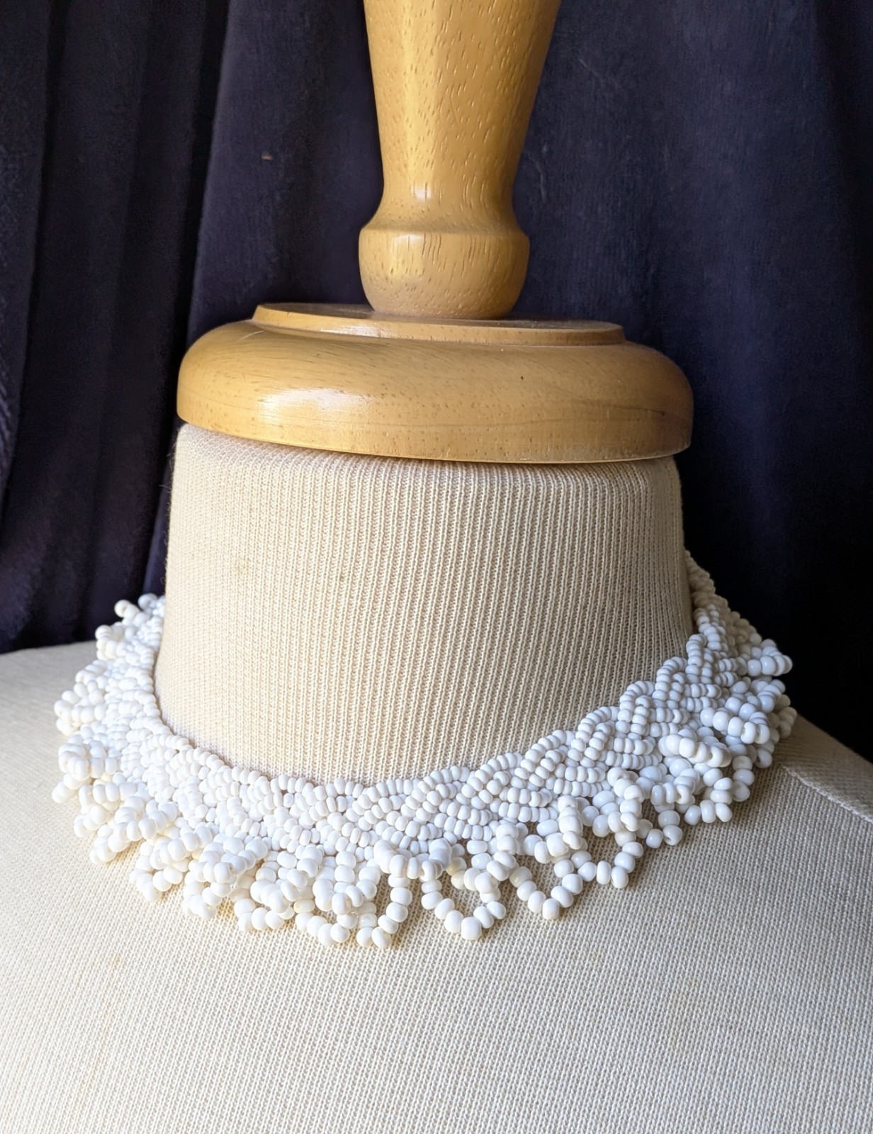 Vtg Japan MCM White Braided Seed Bead Scallop Fringe Collar 15″ Necklace AS IS
