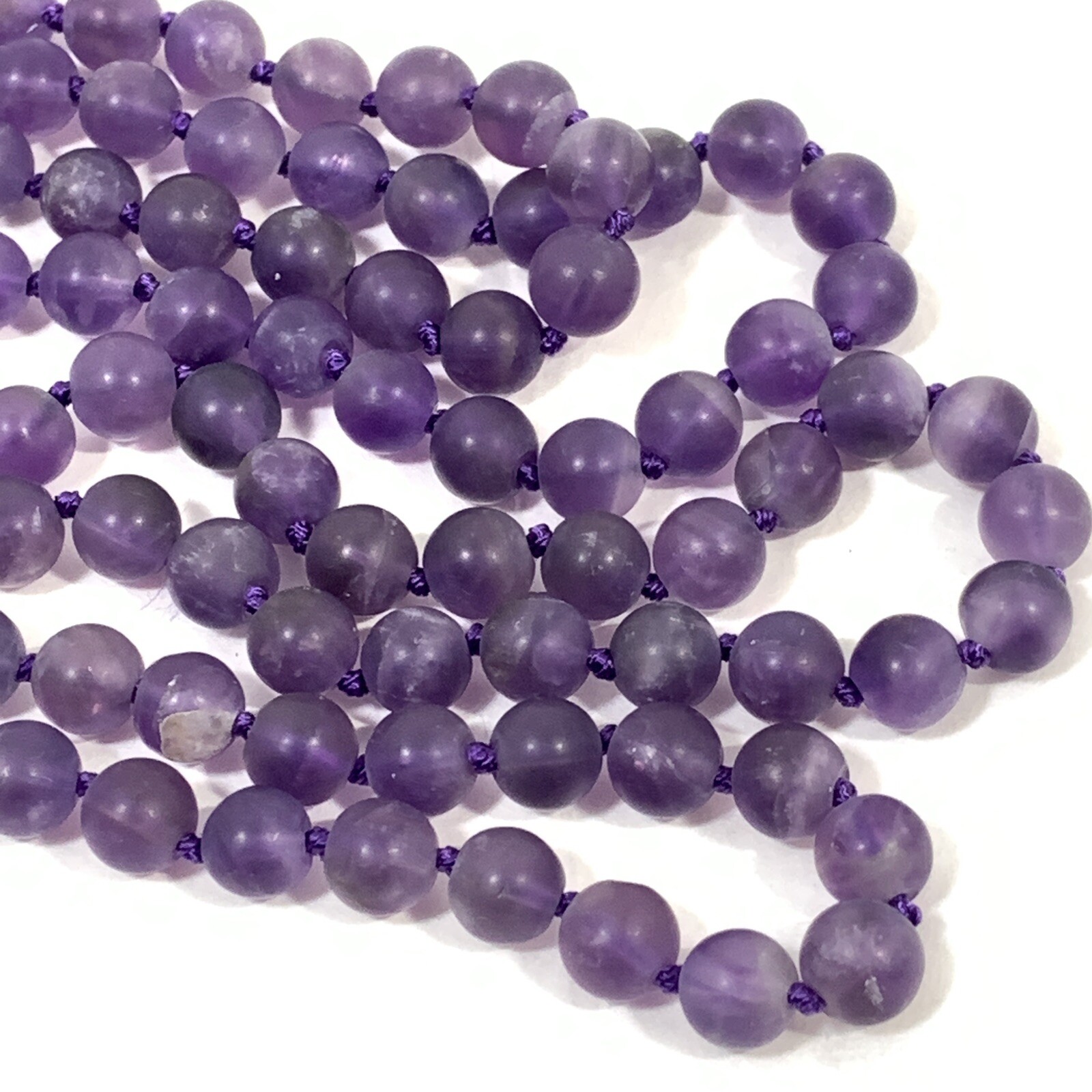 VTG Purple Amethyst Frosted Glass Bead Necklace Hand Knotted 63″ No Clasp 7mm