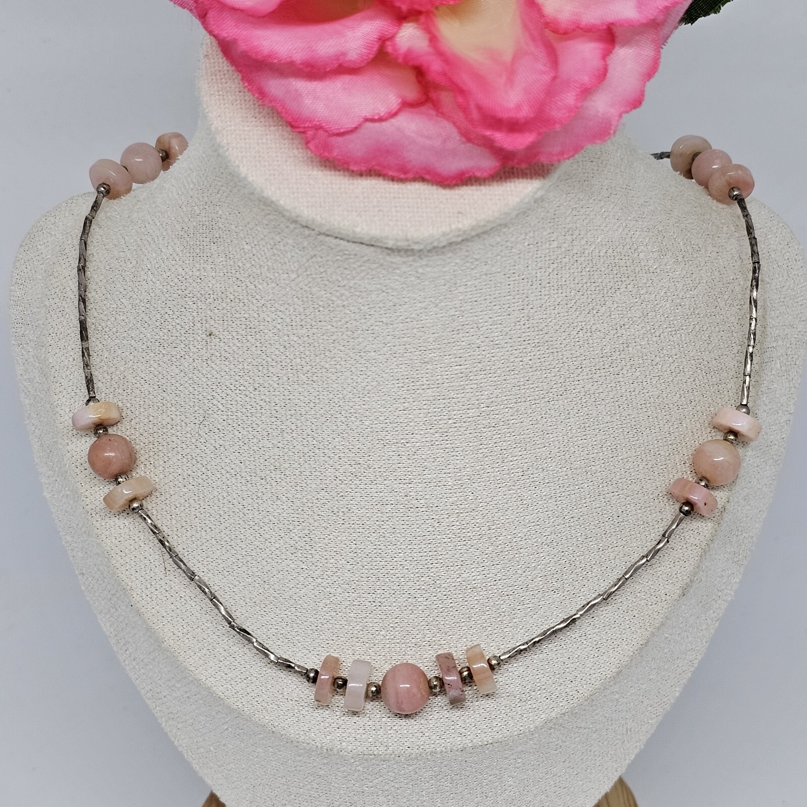 925 Sterling Silver – Round Pink Agate Beaded Chain Choker Necklace 16.5″ Long