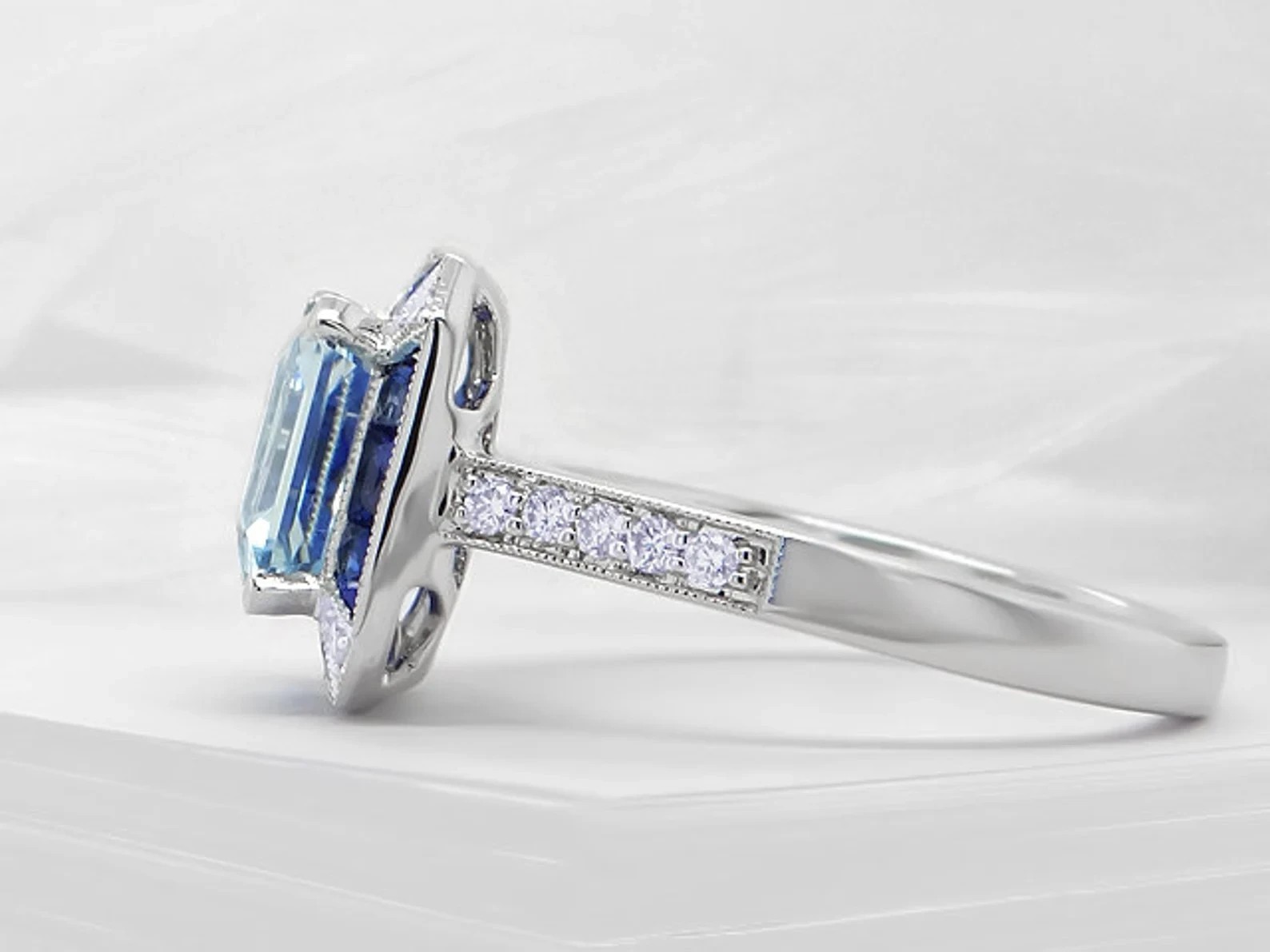 Art-Deco Style Lab Created Aquamarine Sapphire Engagement 14K White Gold FN Ring