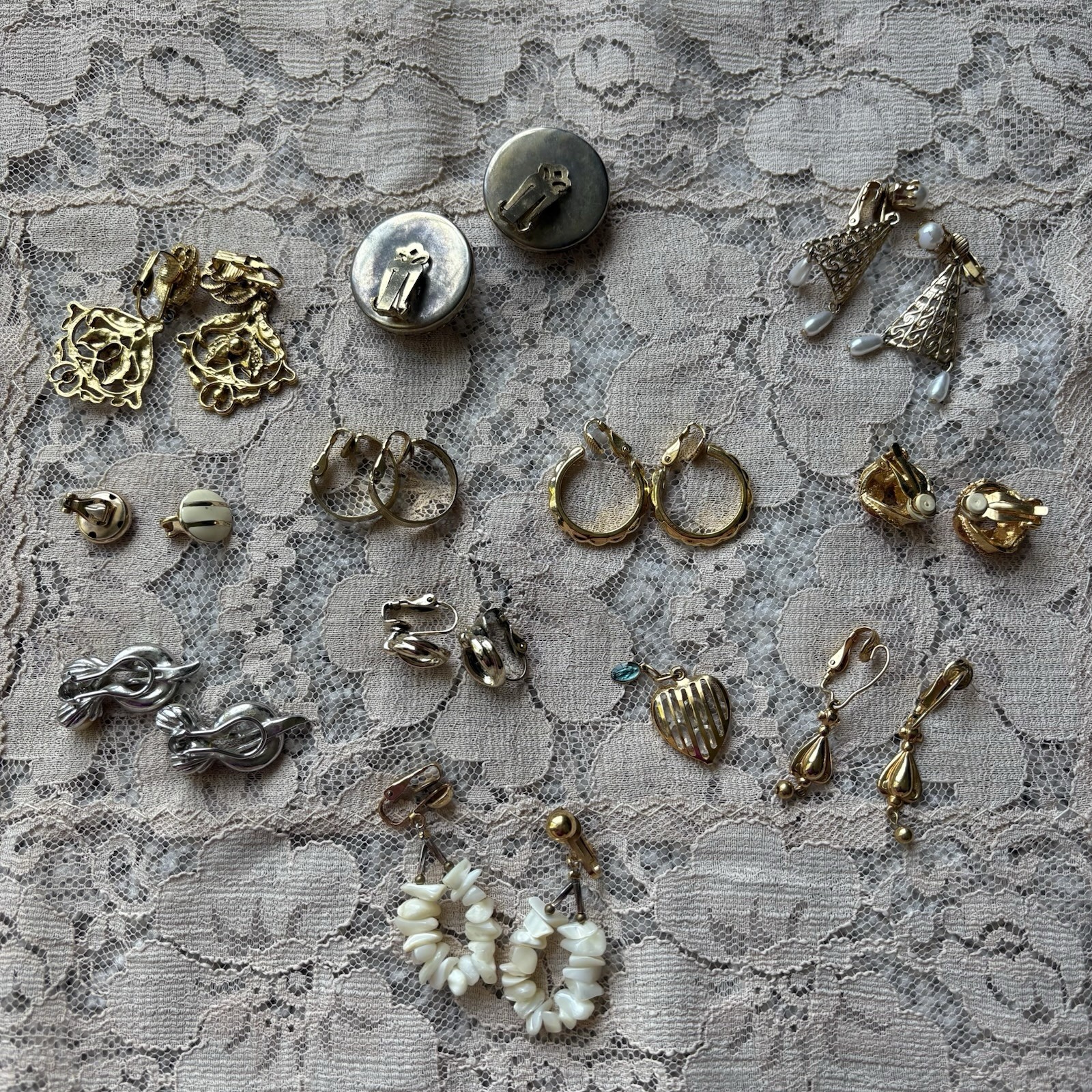 11 Clip Vintage Gold Tone Costume Earrings Statement Dangle | Drop | Hoop