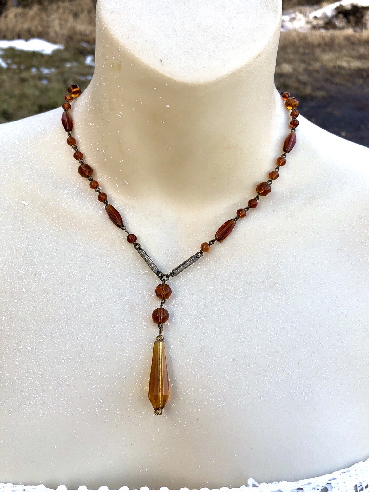 Vintage Art Deco Amber Glass Lariat Necklace With Teardrop Amber Drop