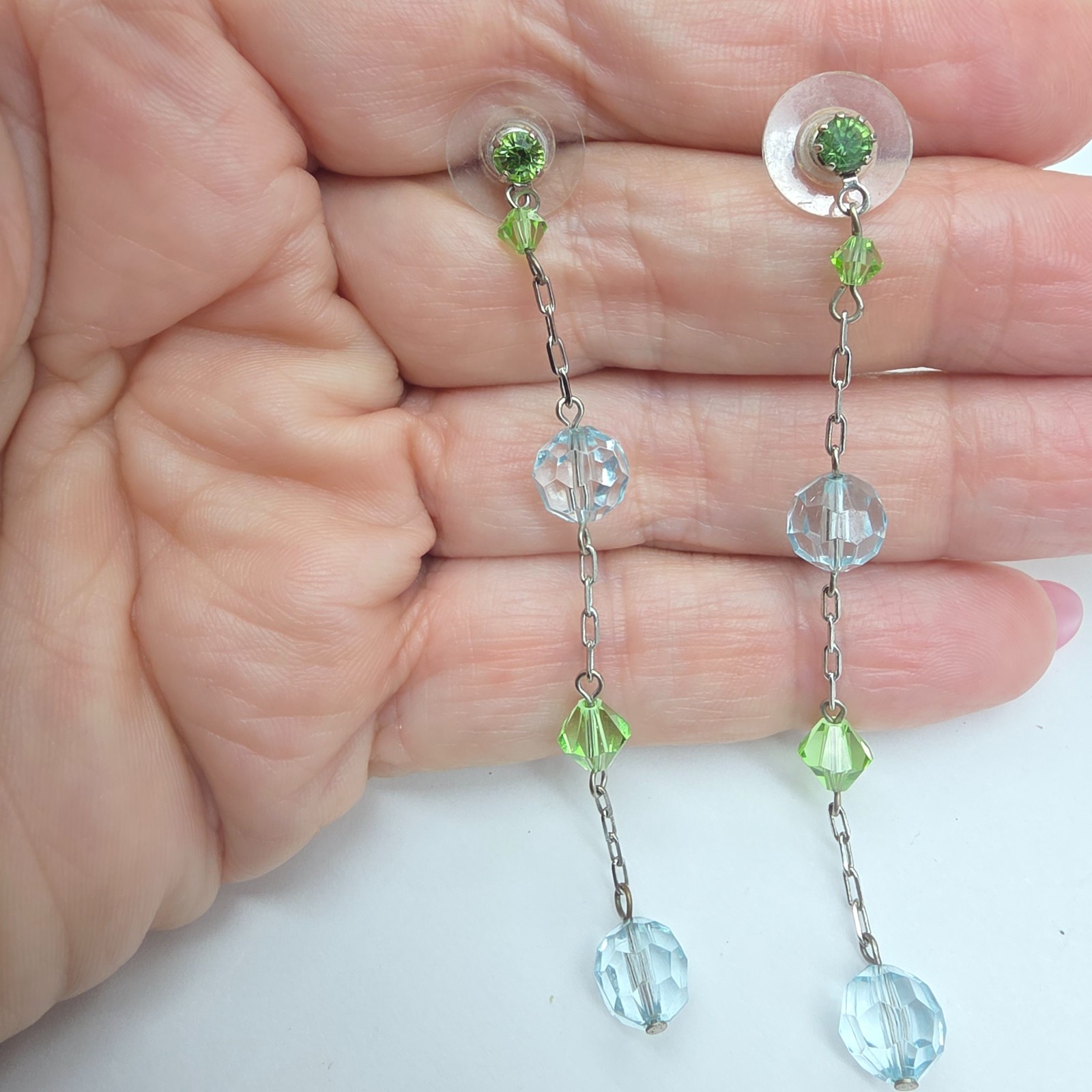 Green Rhinestone Blue Crystal Silver Tone Metal Dangle Pierced Earrings Vintage