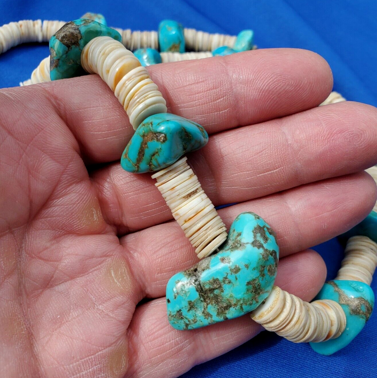 NATIVE VINTAGE SANTO DOMINGO TURQUOISE WHITE SHELL STERLING SILVER NECKLACE 28″