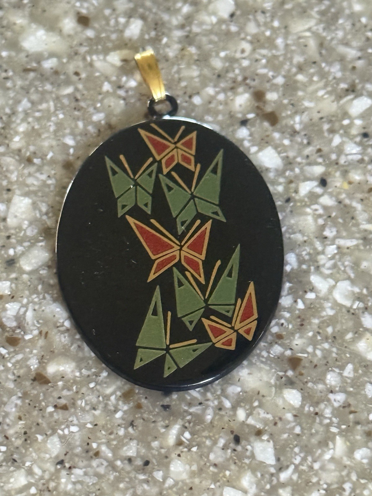 Vintage Japanese Black Lacquer Butterfly Pendant Oval Gold Tone Inlay Retro