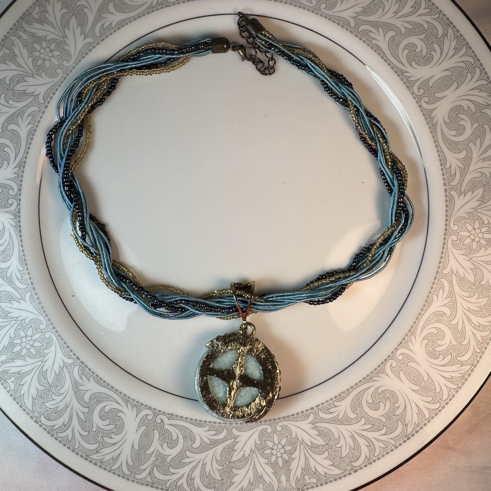 Vintage Multi Strand Beaded Choker Necklace Teal Blue Crystal Stone Pendant Boho