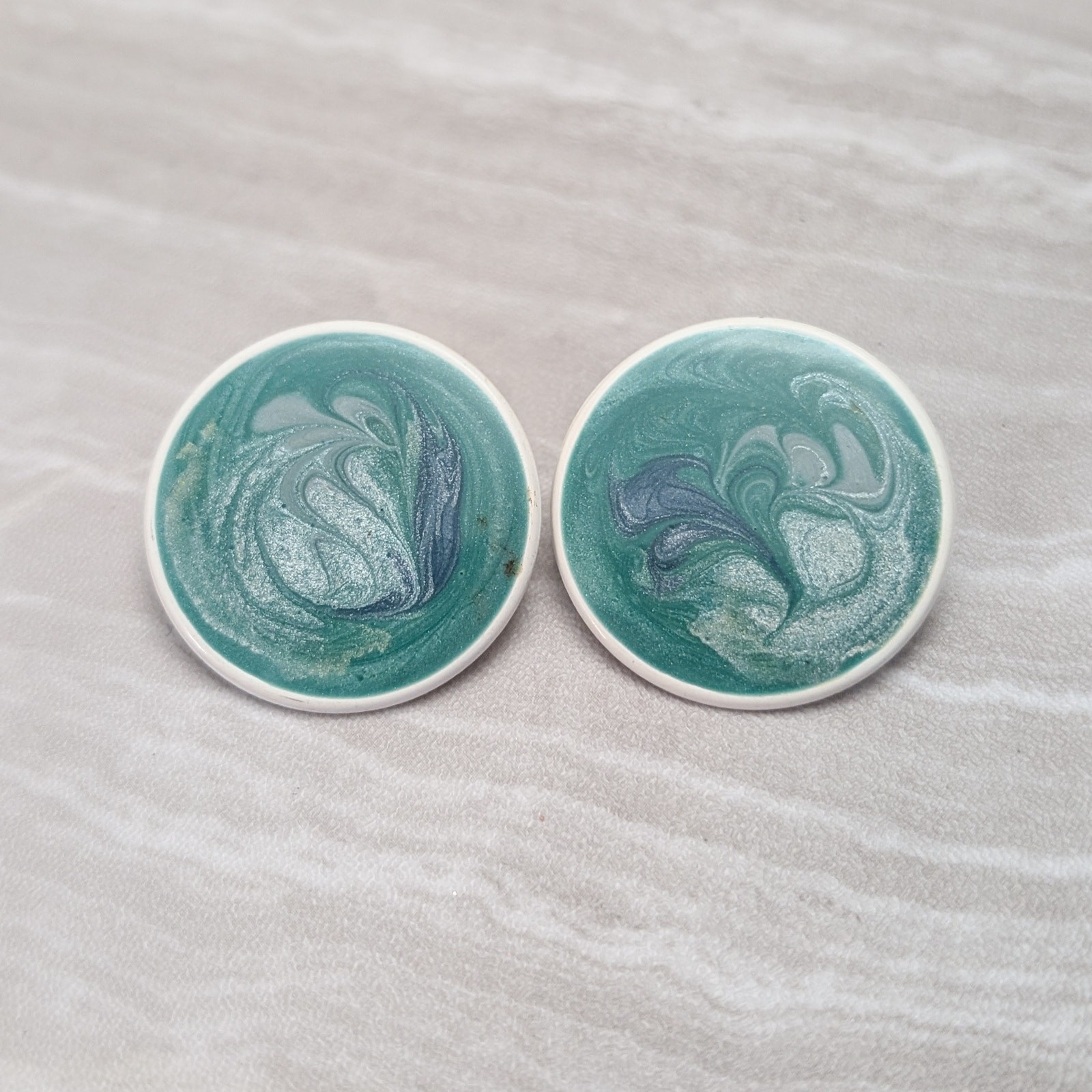 Vintage Stud Earrings Large Circle White, Blue, Green, Teal Tones Statement