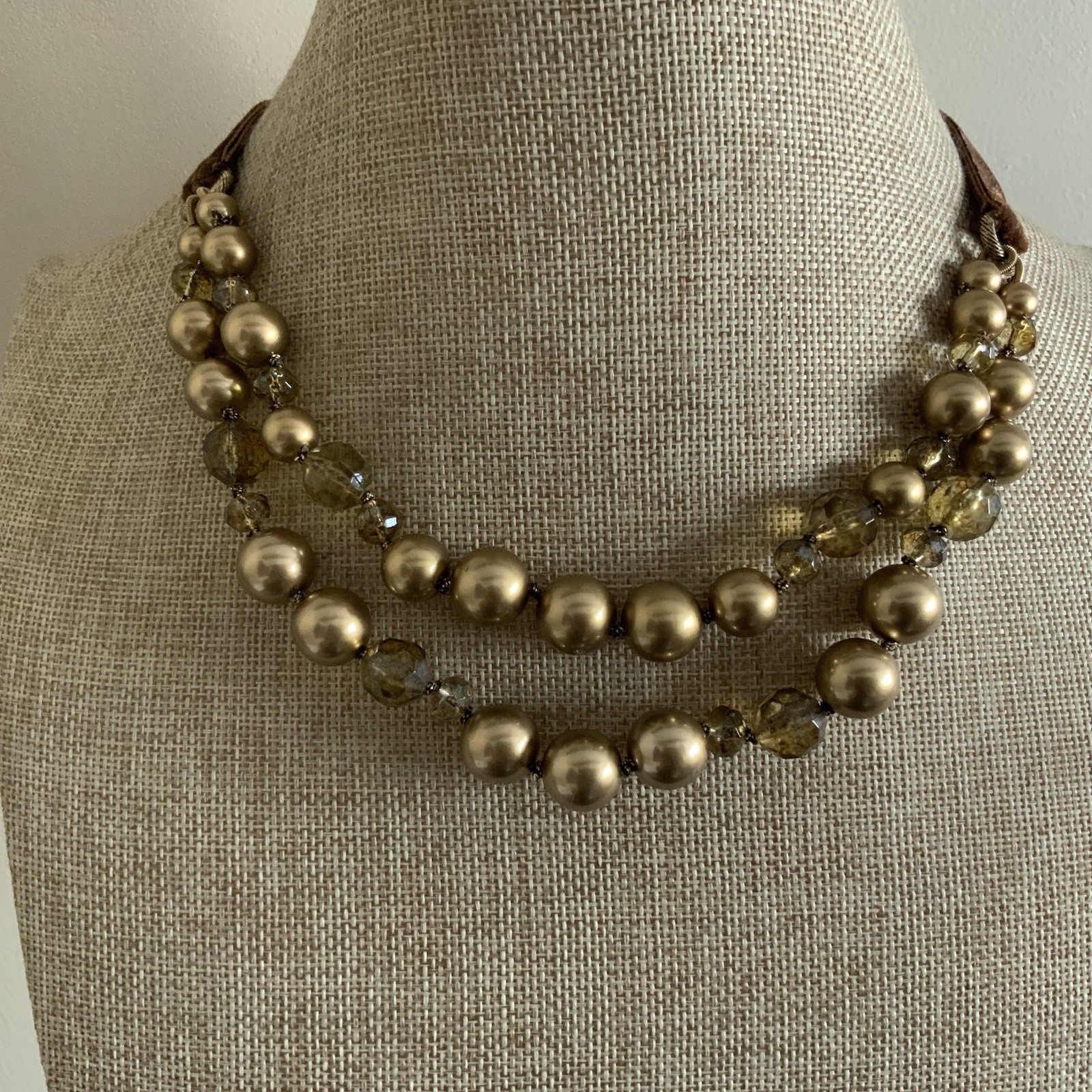 Modern MONET brown green faux pearl double strand velvet ribbons necklace