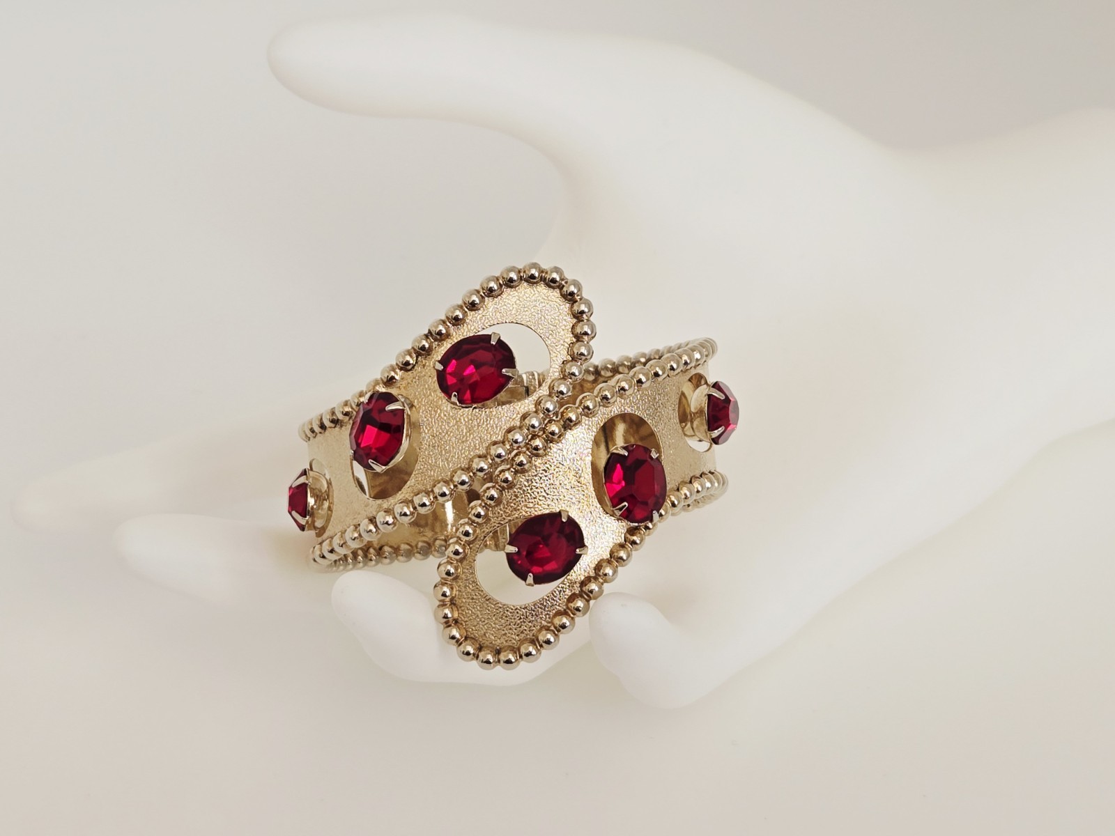 Vintage MCM Gold Tone Red Rhinestone Statement Clamper Bracelet