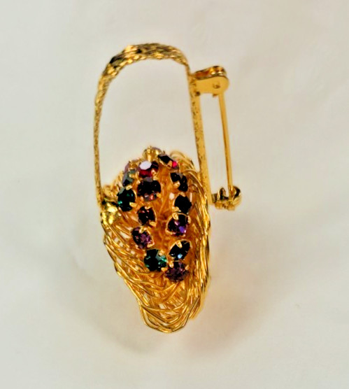 Vintage MCM Retro Gold Tone Flower Basket Pin Brooch Colorful Rhinestone Flowers