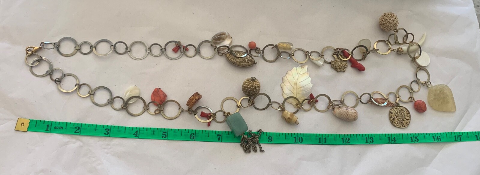 Vintage Metal Link Necklace with Glass and metal Charms stone, faux coin & shell