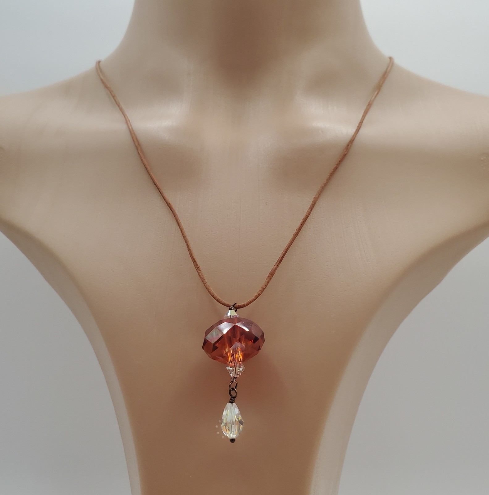 VTG 925 Faceted Amber Tone Crystal Necklace 18in Sterling Clasp Raw Leather Cord