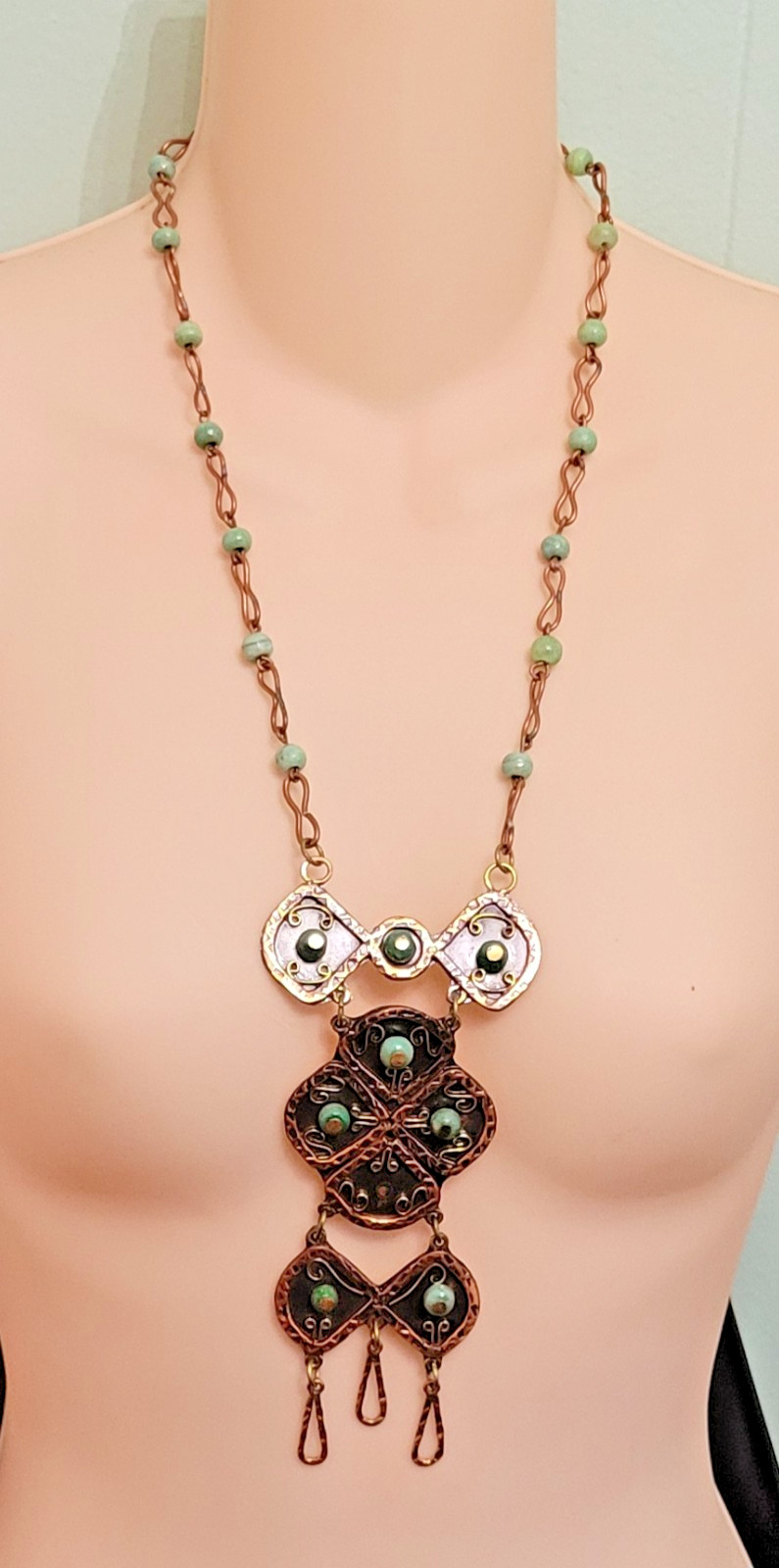 Vintage Casa Maya Copper Brass Green Stone Statement Pendant Necklace as-is ~24″