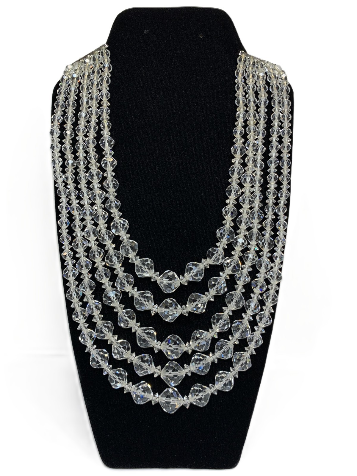 Vintage Laguna 5 Strand Graduated Clear Faceted Crystal Necklace 14.5” – 16.75”