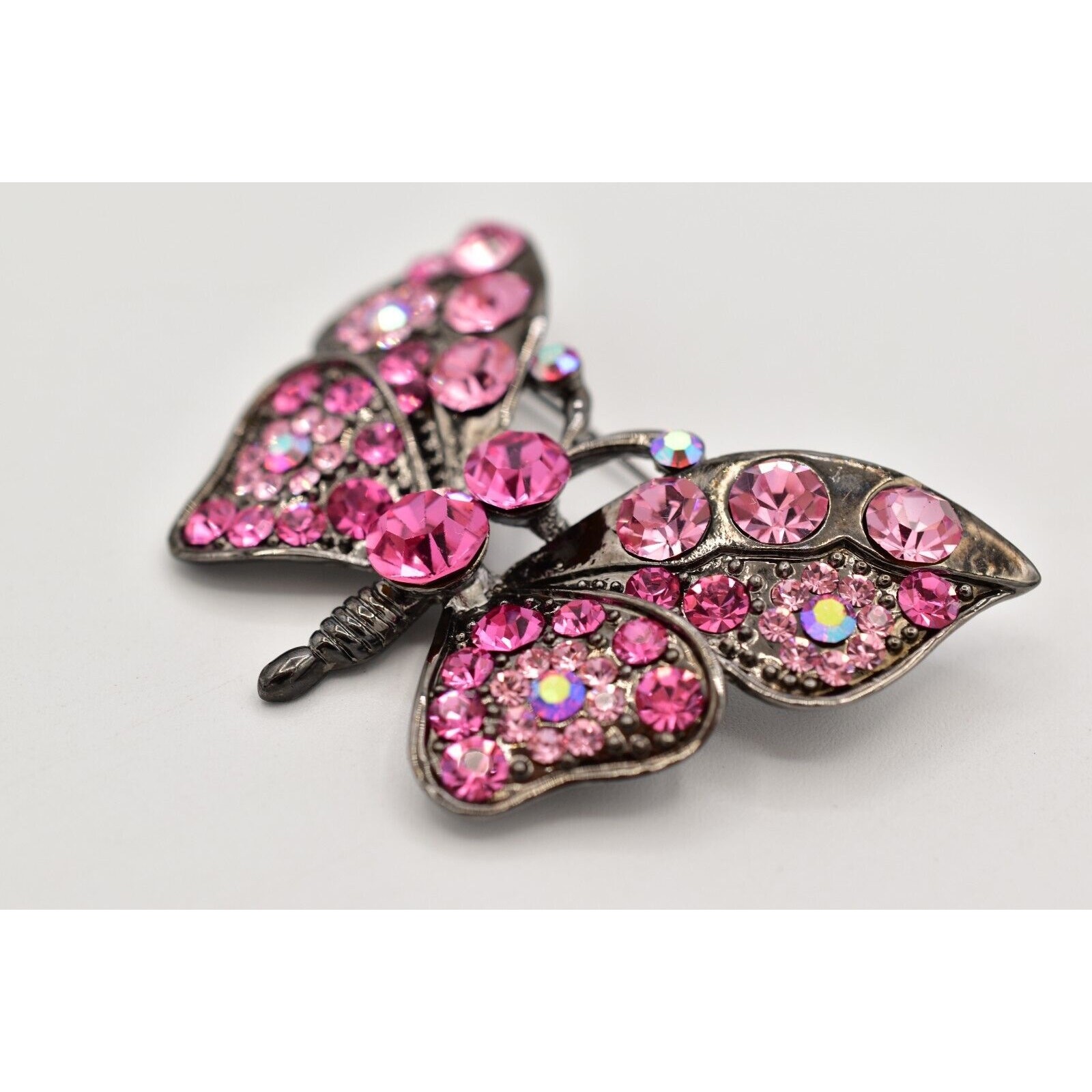 Vintage Crystal Butterfly Pin Brooch Pink Rhinestone Gunmetal Sparkling 90s Bin4