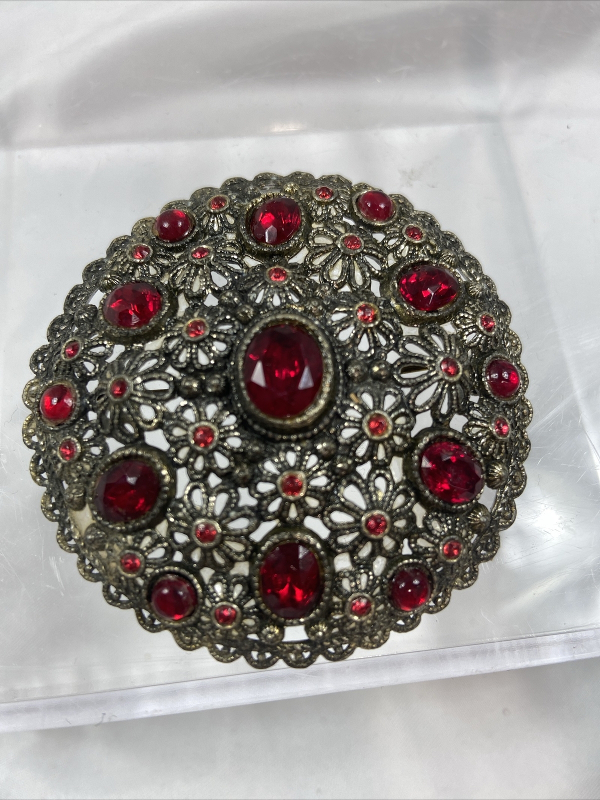Vintage Brooch New England Glass Works Filigree Red Rhinestones
