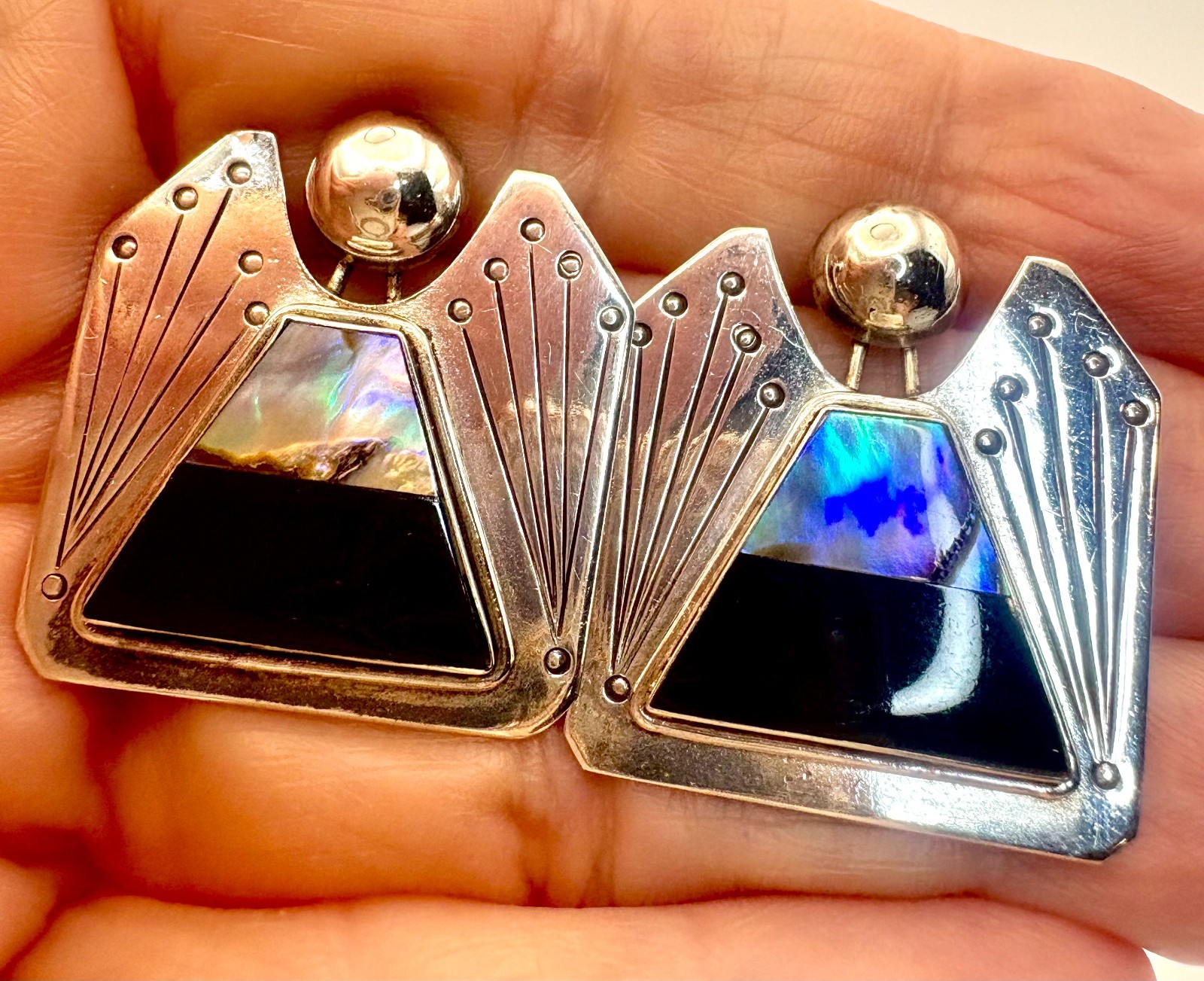 Sterling Silver 925 Black Onyx Abalone MOP Shell Angel Figure Vintage Earrings